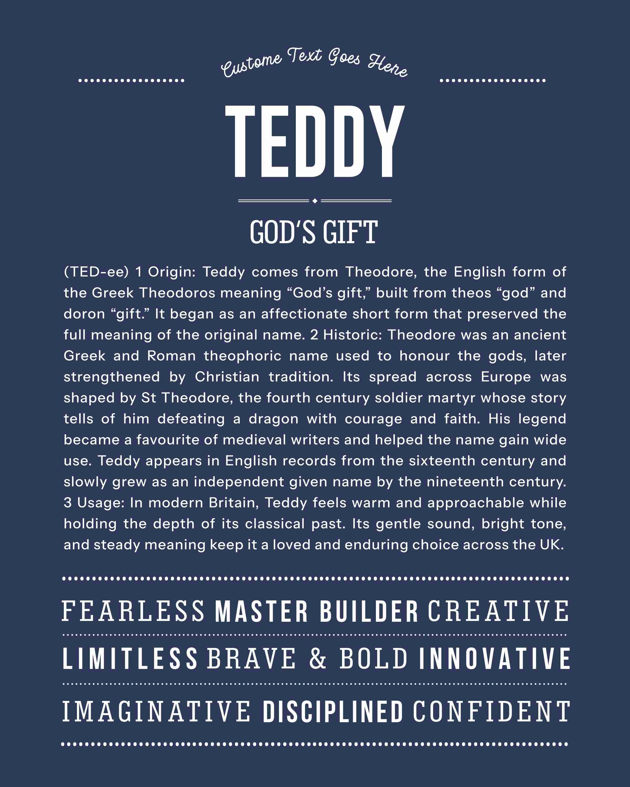 Teddy | Personalised Name Meaning Print – Custom Name Art Gift