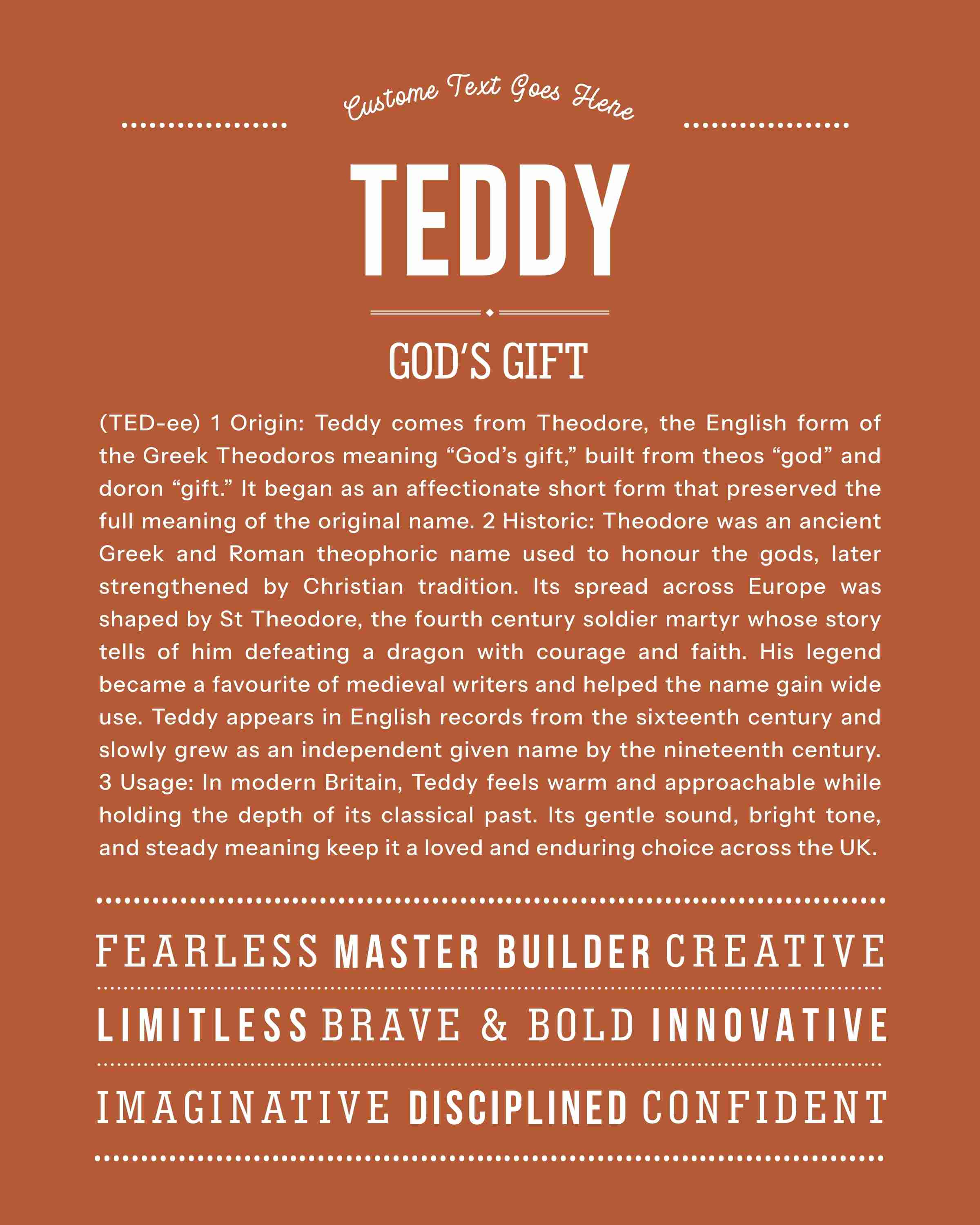 Teddy | Personalised Name Meaning Print – Custom Name Art Gift