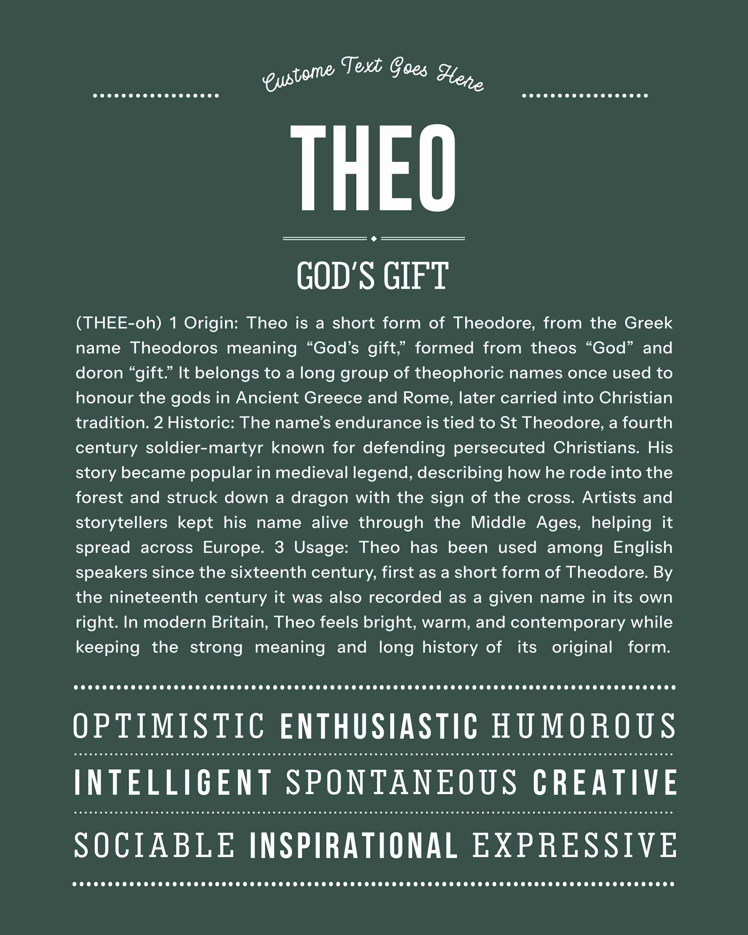 Theo | Personalised Name Meaning Print – Custom Name Art Gift