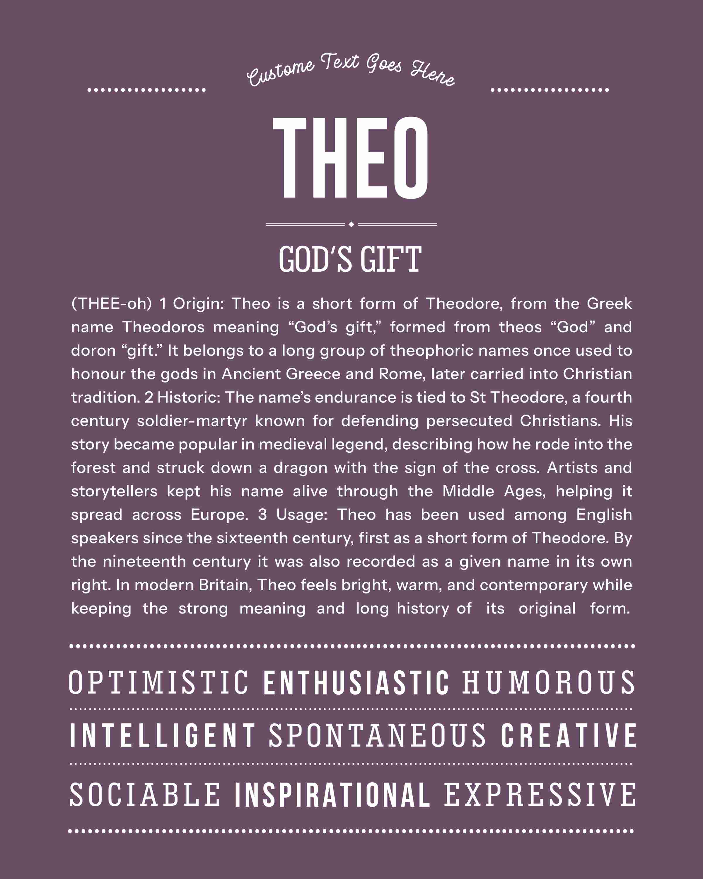 Theo | Personalised Name Meaning Print – Custom Name Art Gift