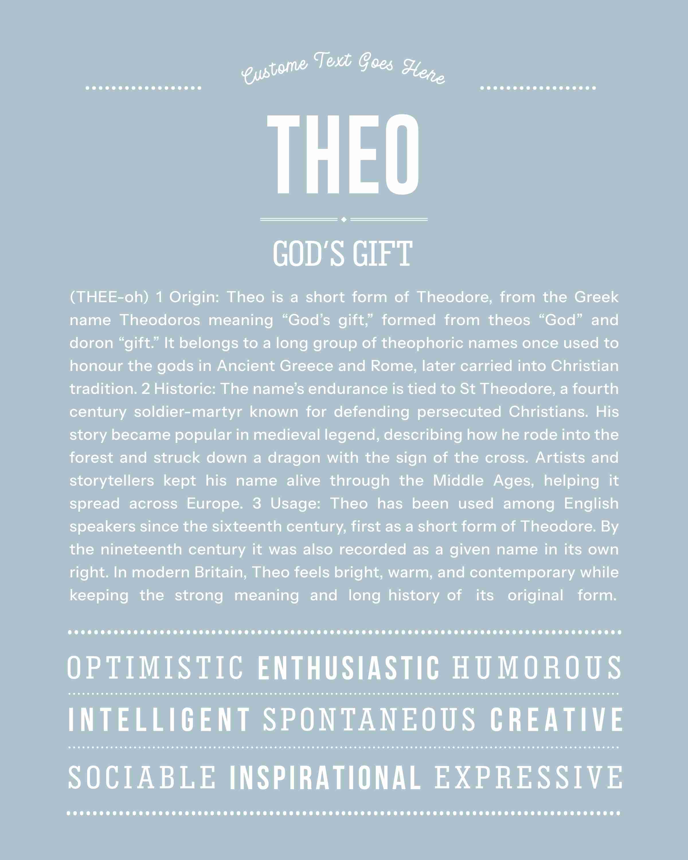 Theo | Personalised Name Meaning Print – Custom Name Art Gift
