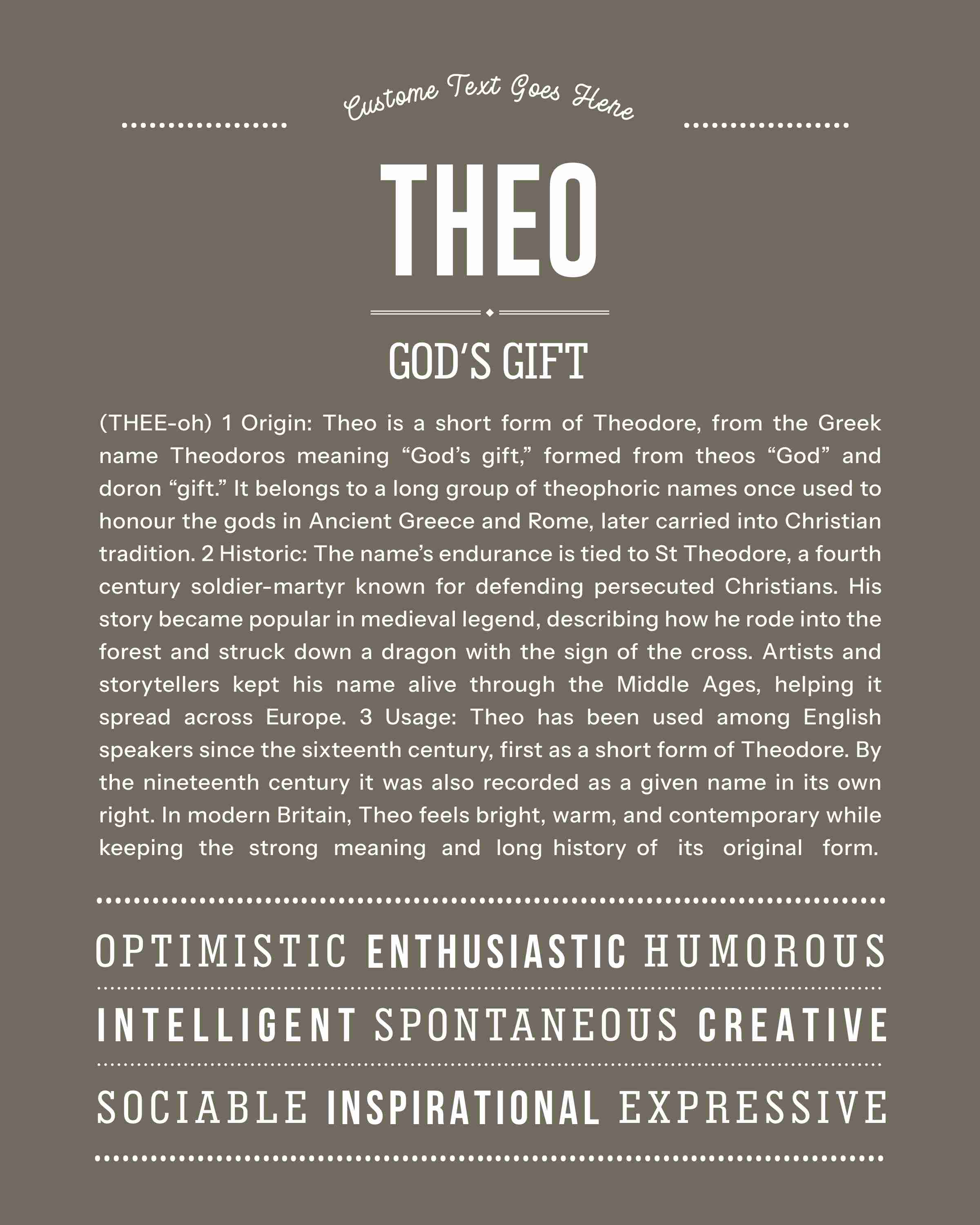 Theo | Personalised Name Meaning Print – Custom Name Art Gift