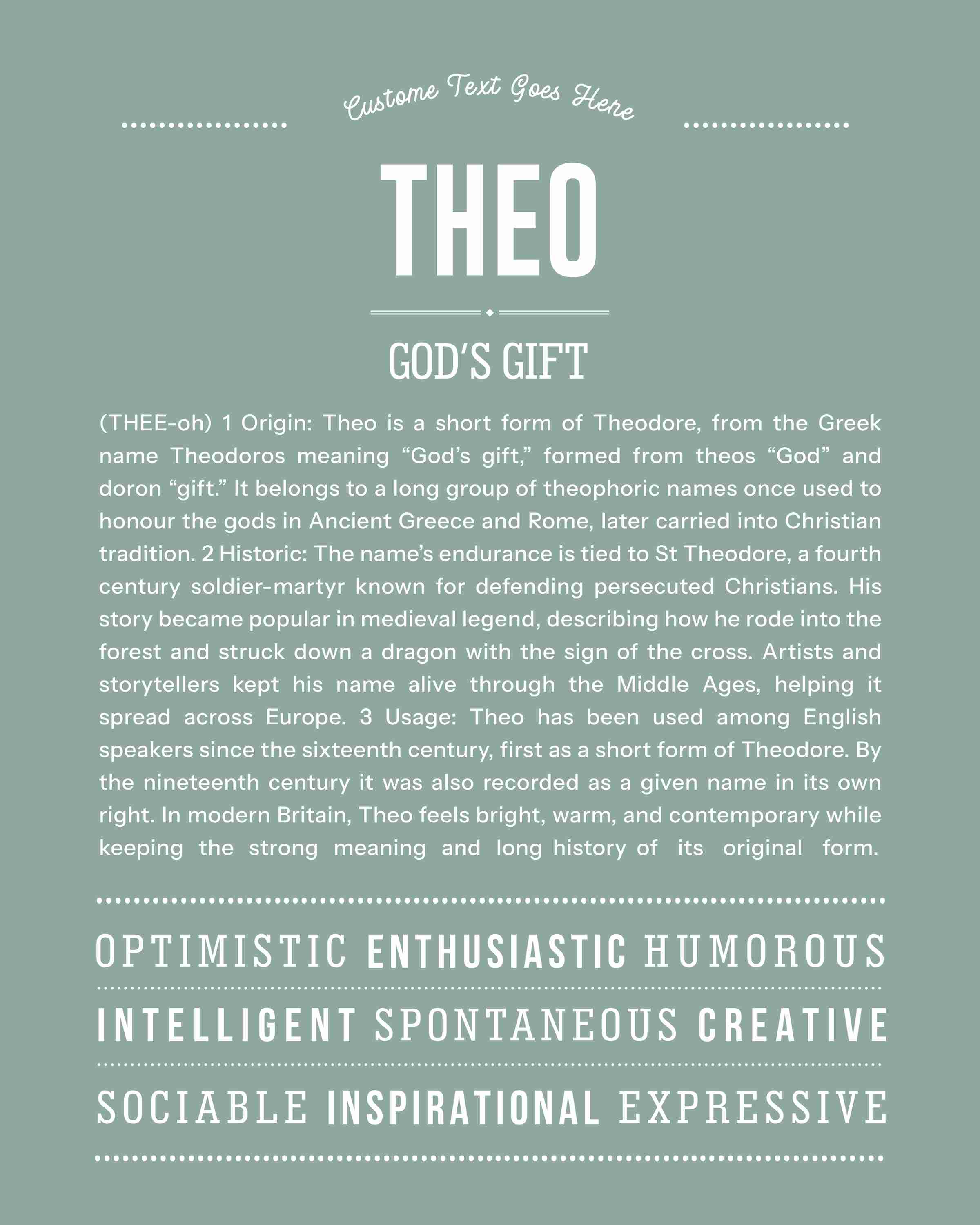 Theo | Personalised Name Meaning Print – Custom Name Art Gift