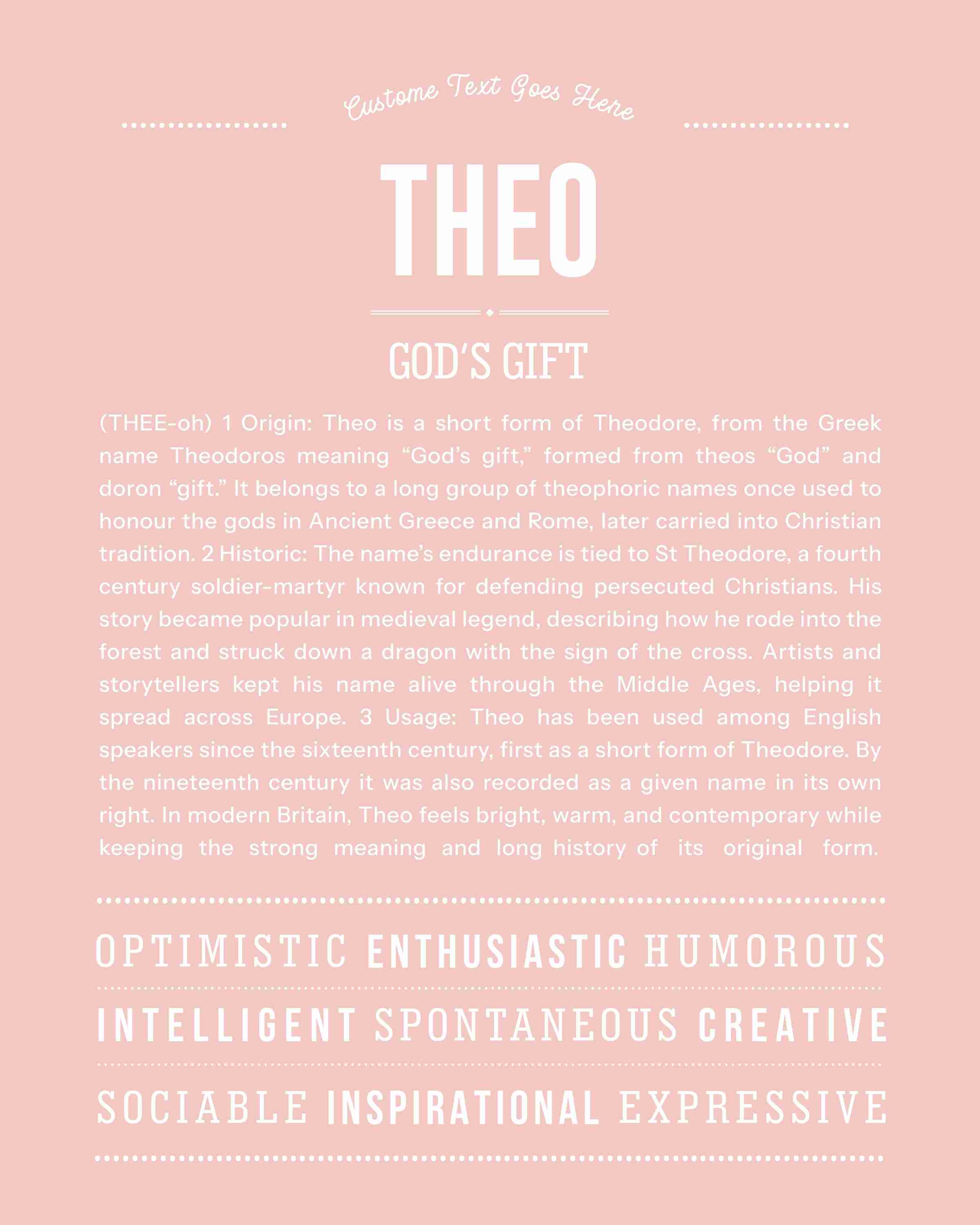 Theo | Personalised Name Meaning Print – Custom Name Art Gift