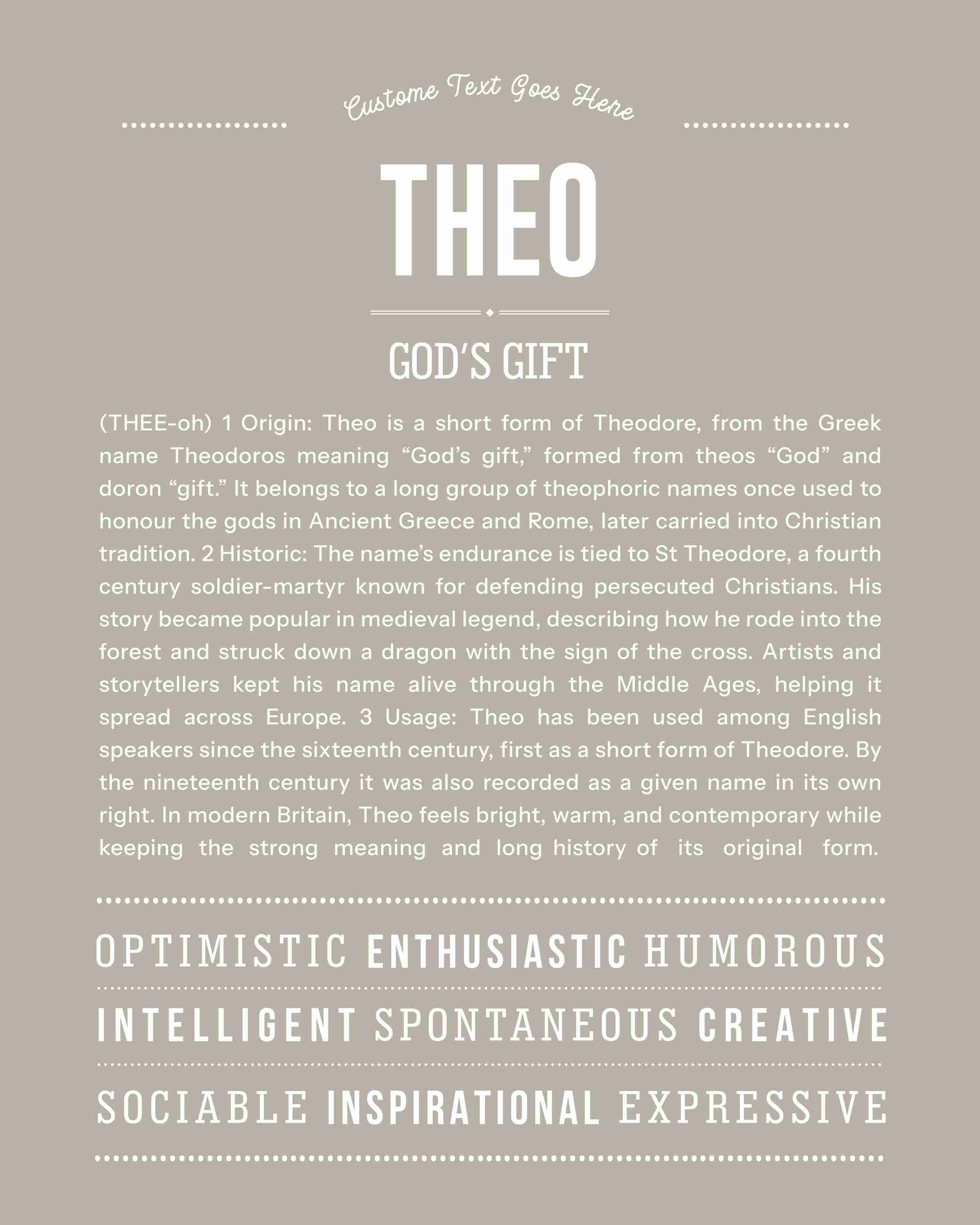 Theo | Personalised Name Meaning Print – Custom Name Art Gift