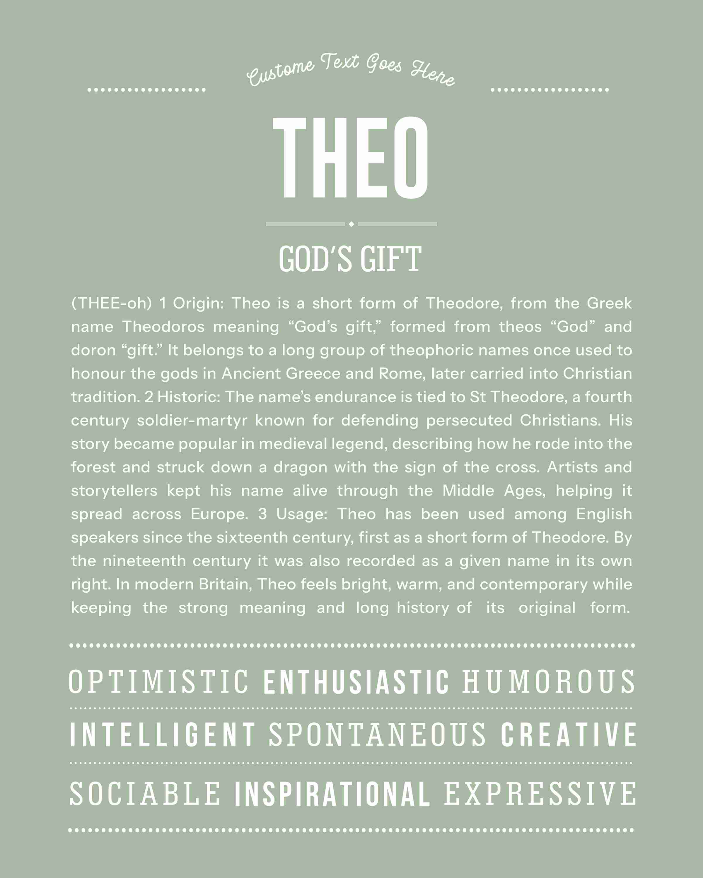 Theo | Personalised Name Meaning Print – Custom Name Art Gift