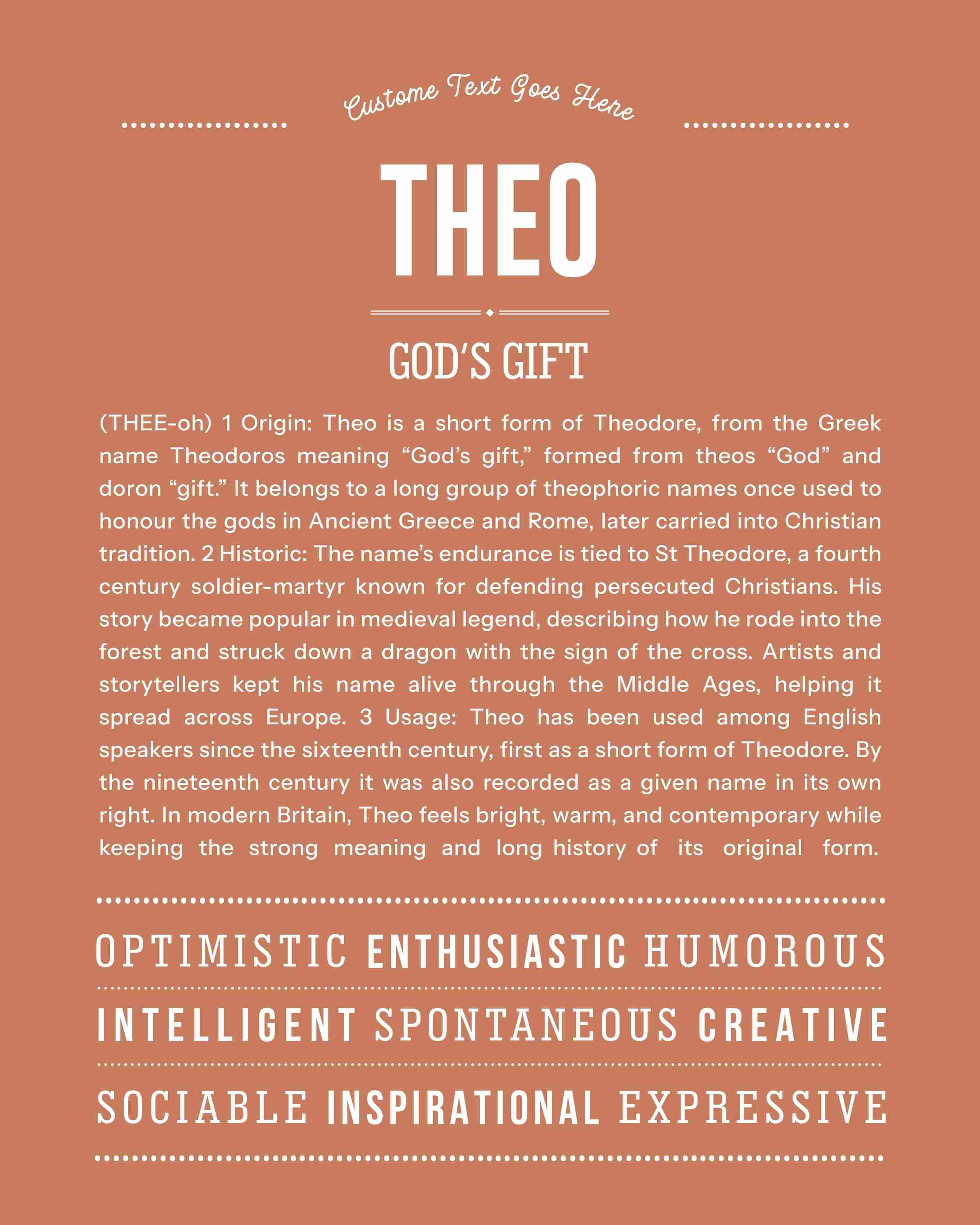 Theo | Personalised Name Meaning Print – Custom Name Art Gift