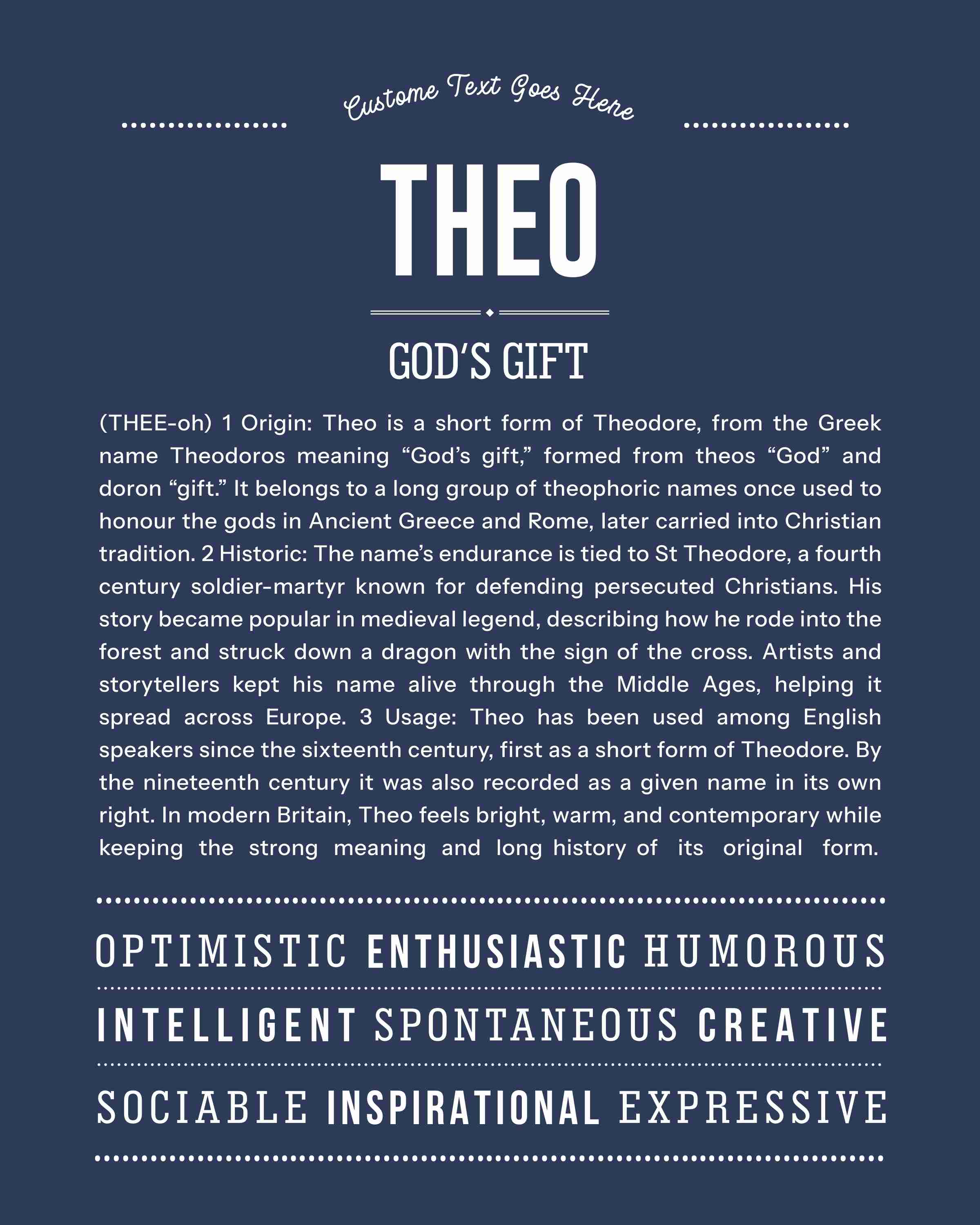 Theo | Personalised Name Meaning Print – Custom Name Art Gift
