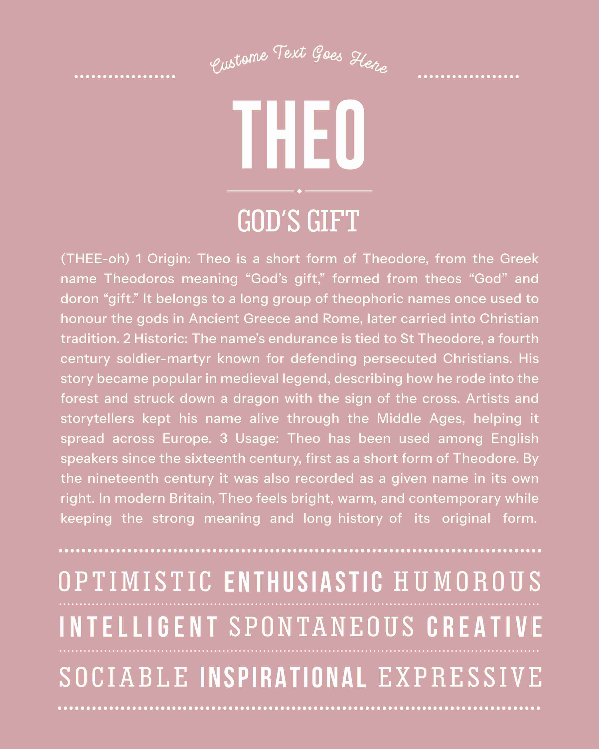 Theo | Personalised Name Meaning Print – Custom Name Art Gift