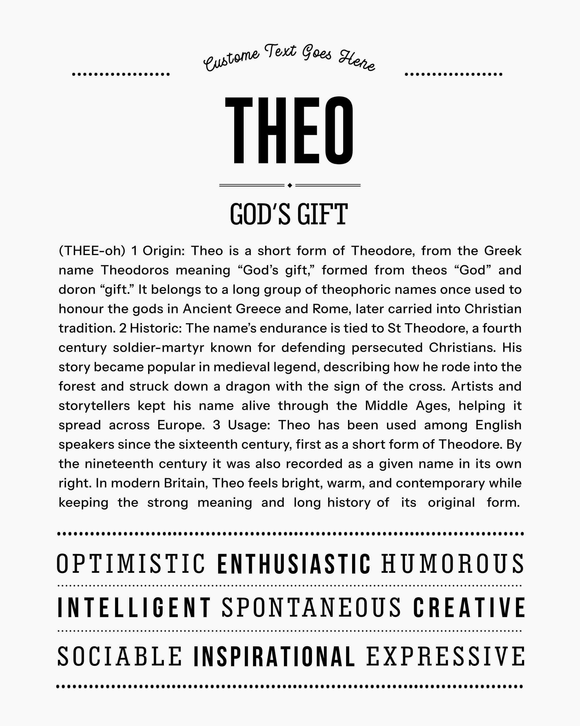 Theo | Personalised Name Meaning Print – Custom Name Art Gift