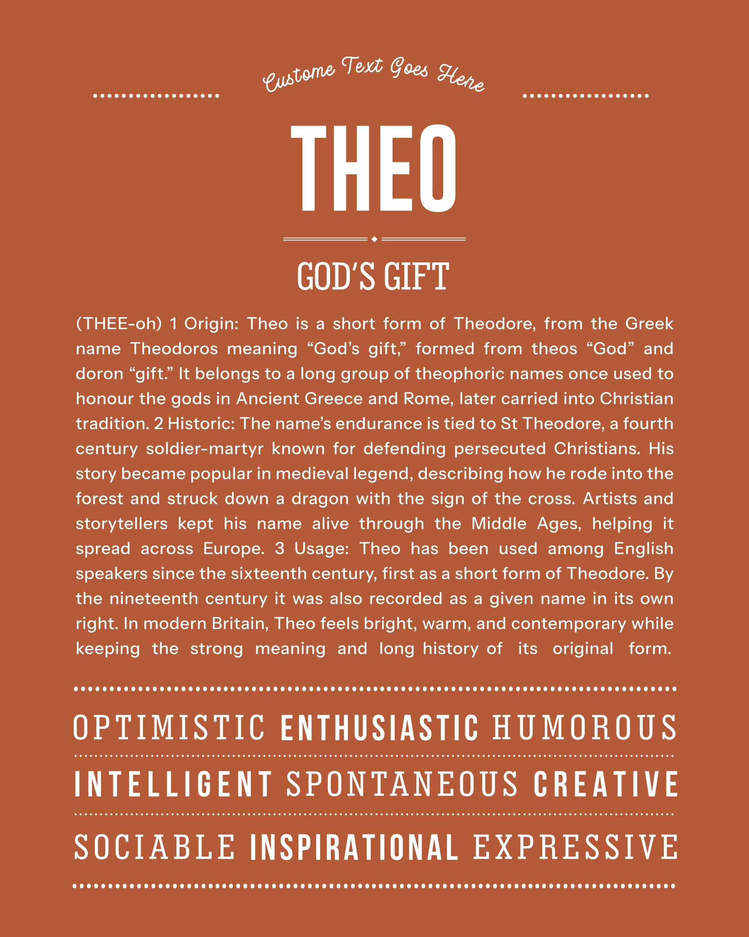 Theo | Personalised Name Meaning Print – Custom Name Art Gift