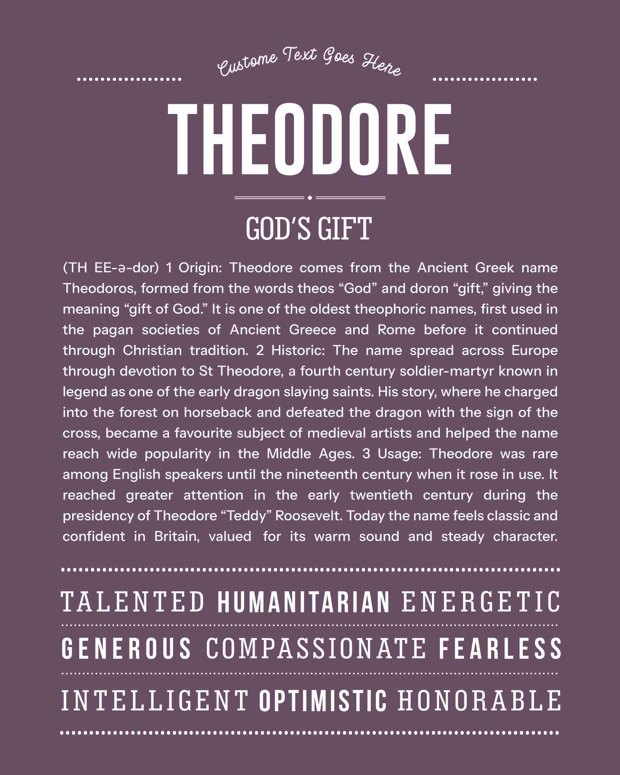 Theodore | Personalised Name Meaning Print – Custom Name Art Gift