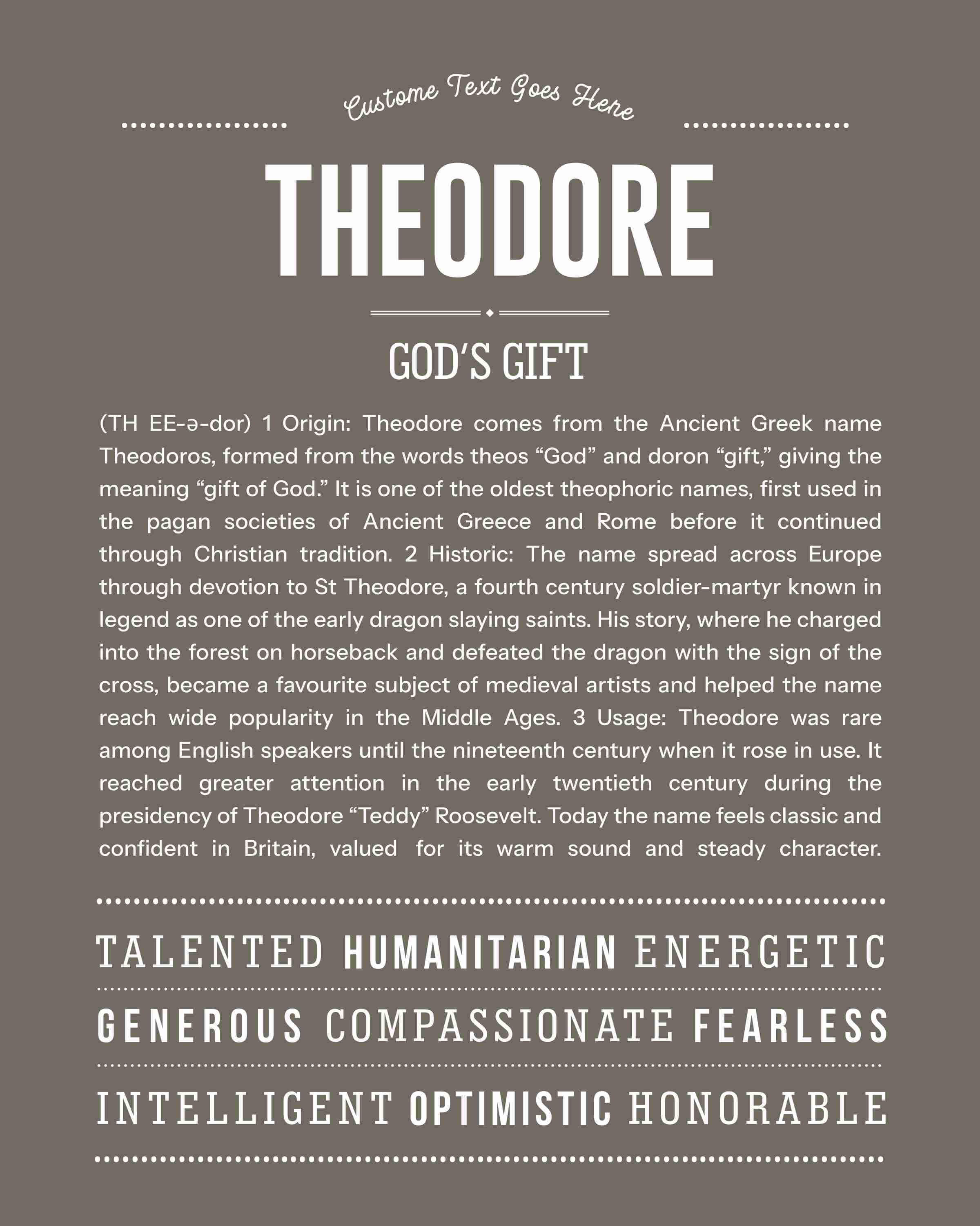 Theodore | Personalised Name Meaning Print – Custom Name Art Gift