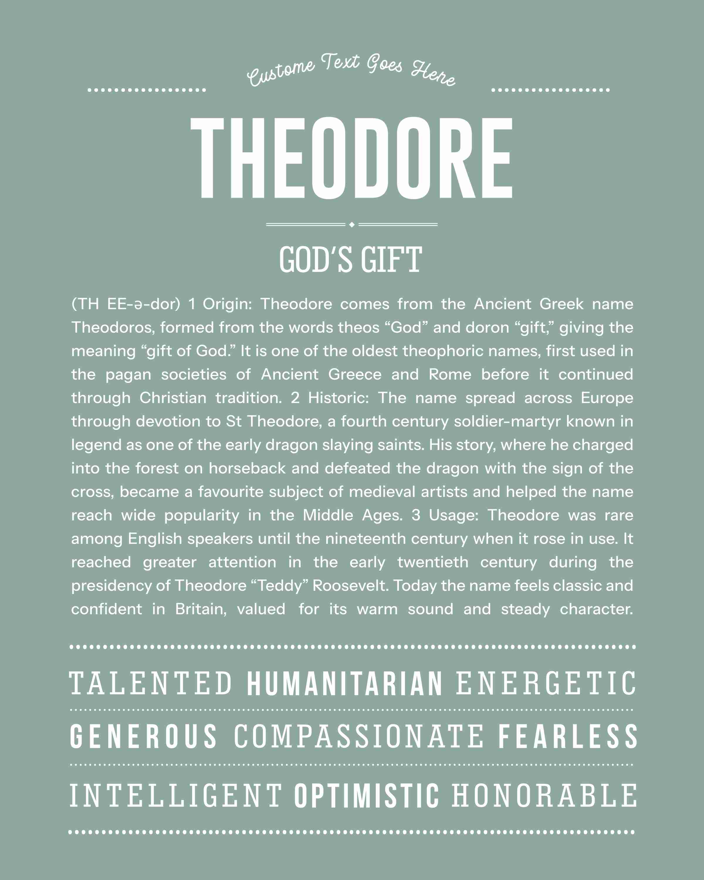 Theodore | Personalised Name Meaning Print – Custom Name Art Gift