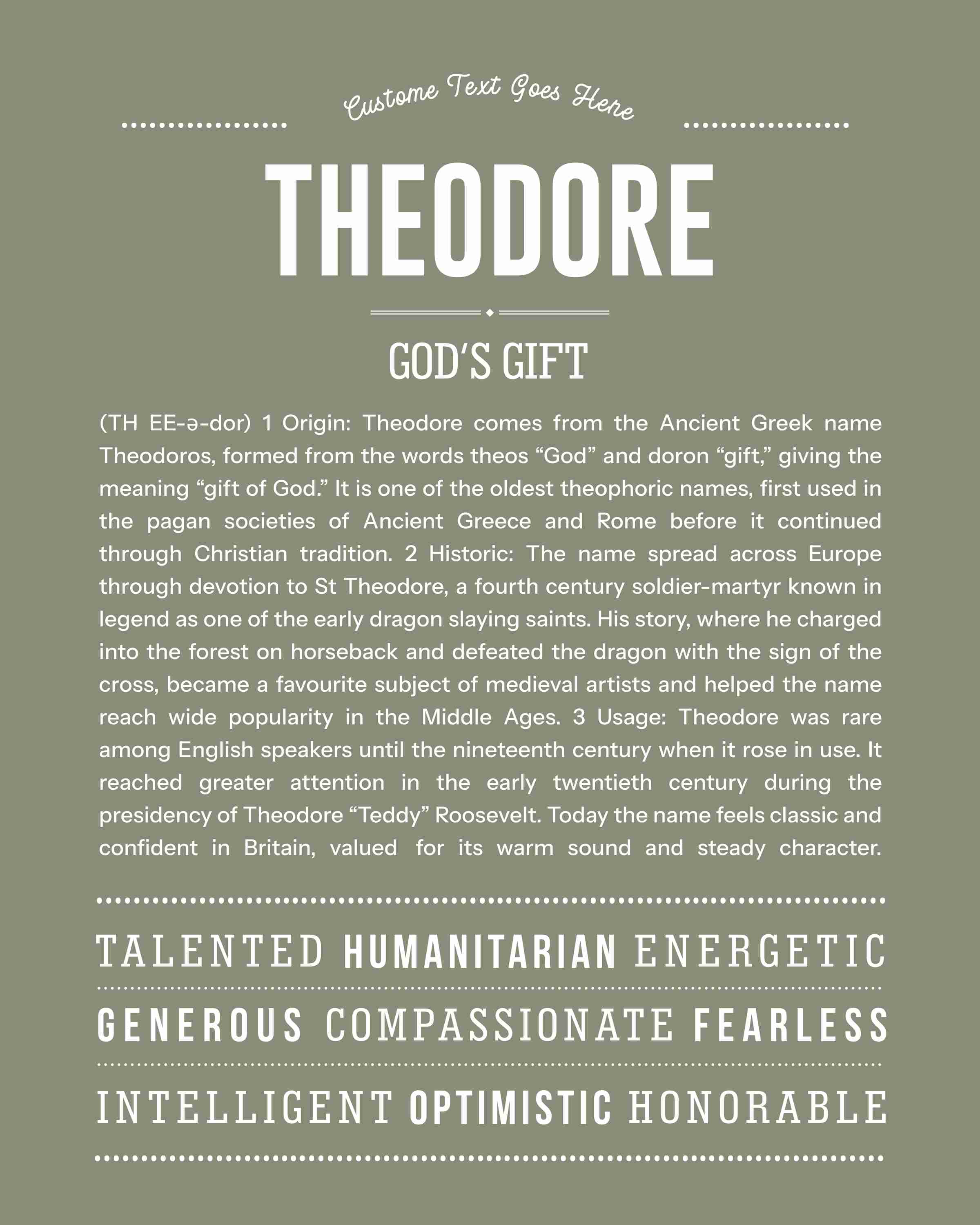 Theodore | Personalised Name Meaning Print – Custom Name Art Gift
