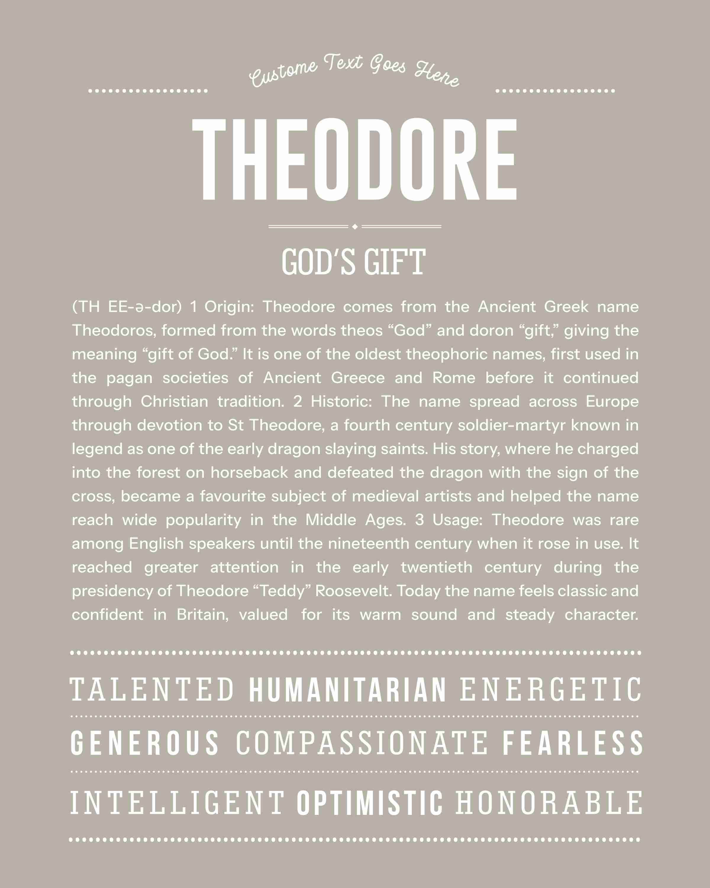 Theodore | Personalised Name Meaning Print – Custom Name Art Gift
