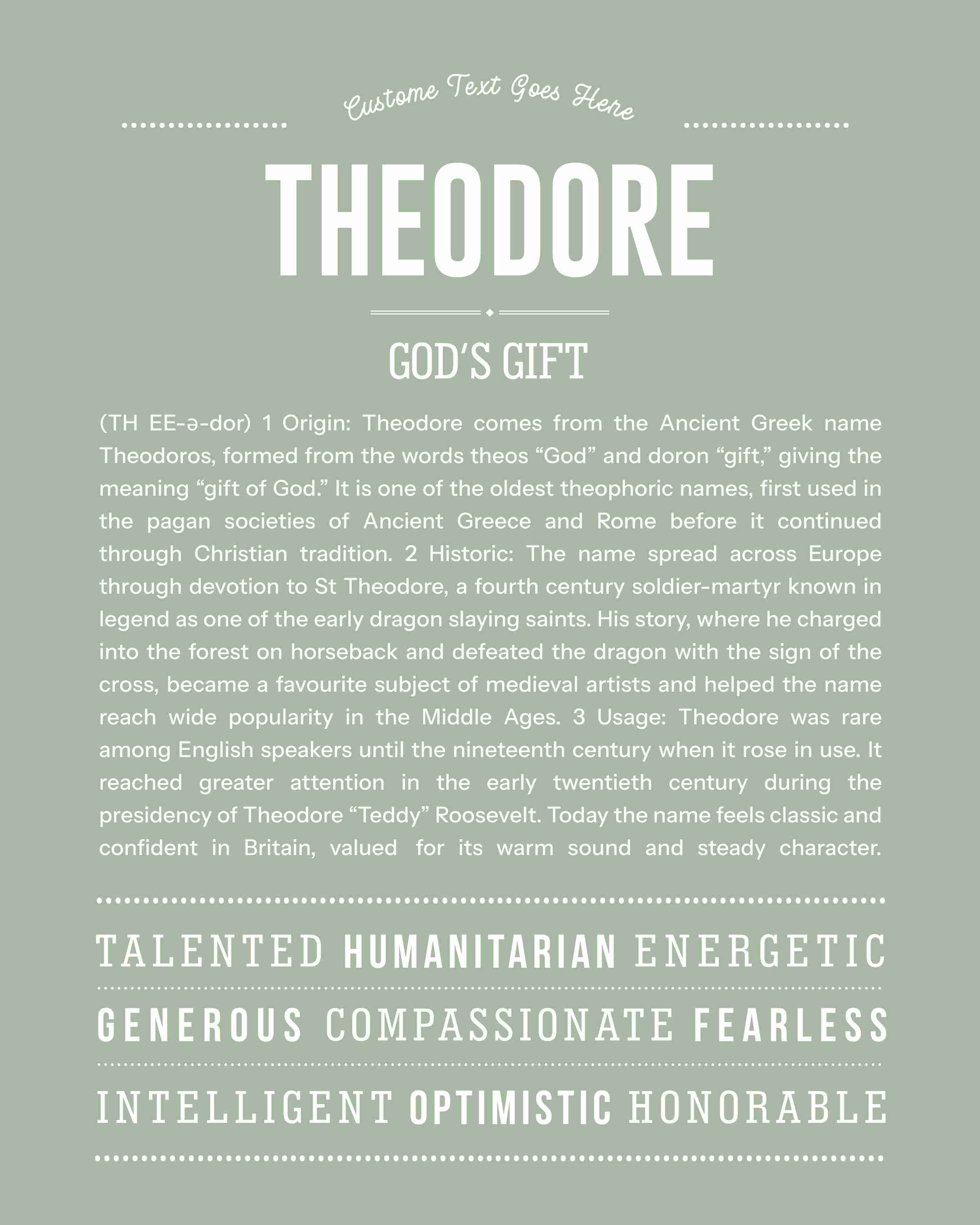 Theodore | Personalised Name Meaning Print – Custom Name Art Gift