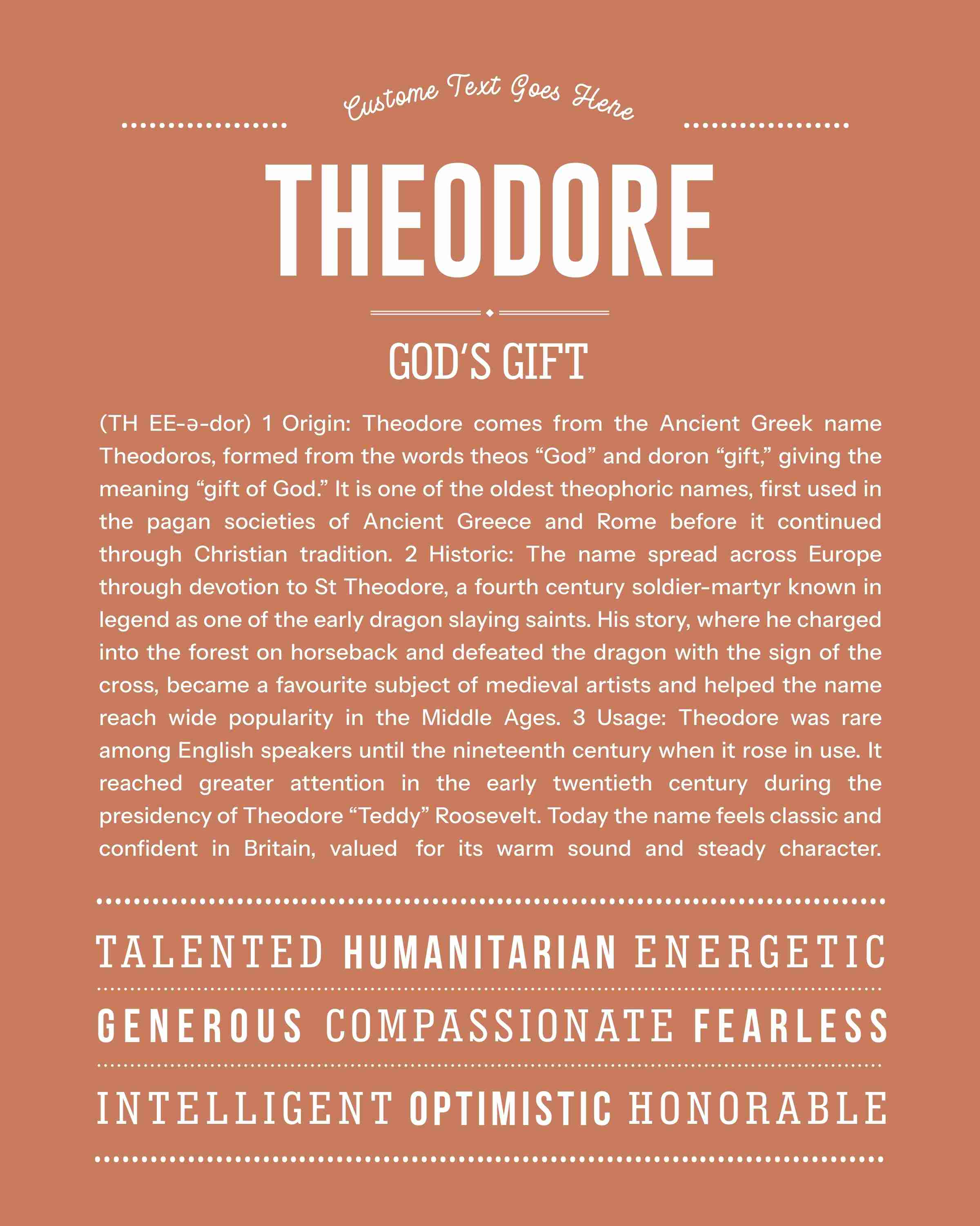 Theodore | Personalised Name Meaning Print – Custom Name Art Gift
