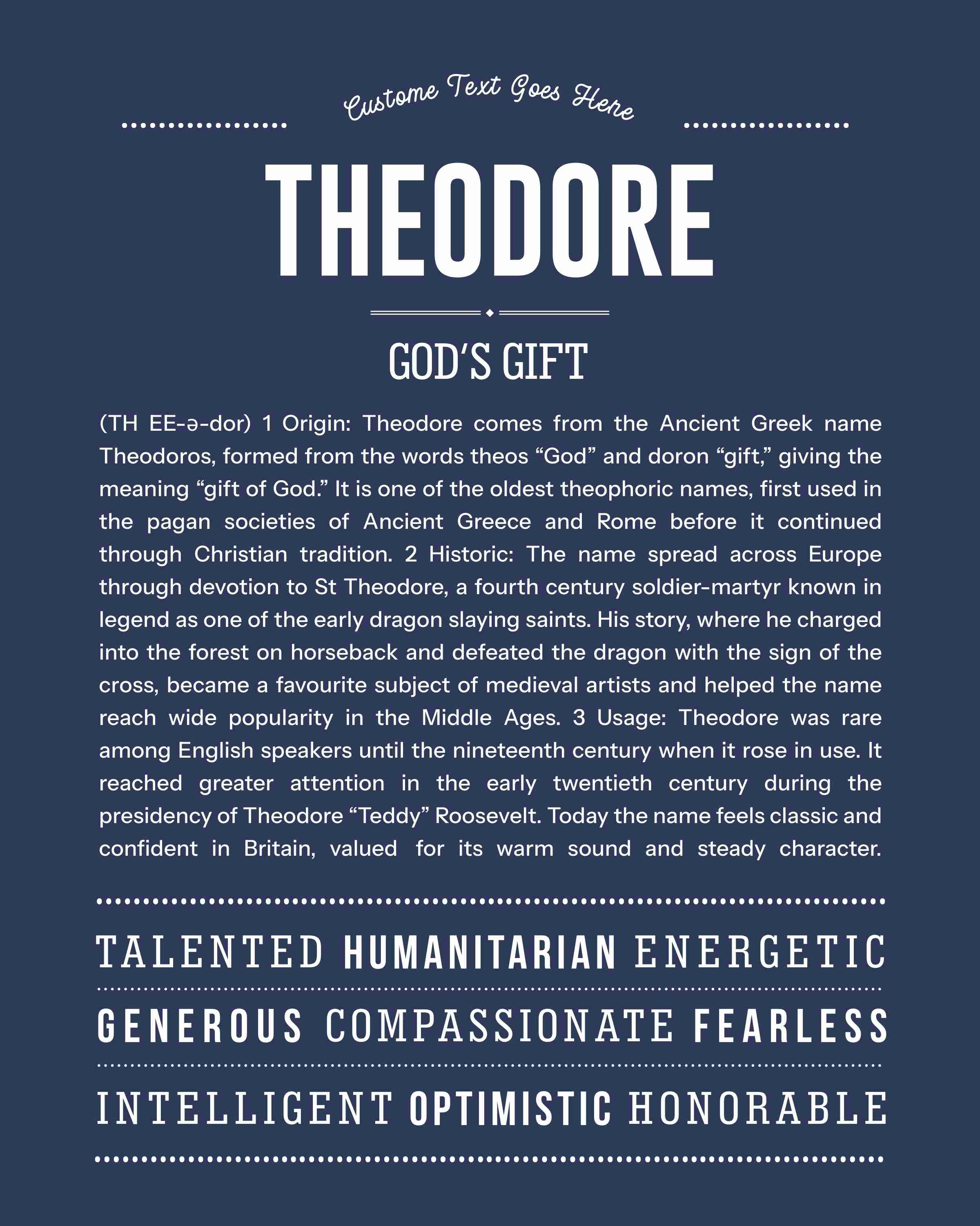 Theodore | Personalised Name Meaning Print – Custom Name Art Gift