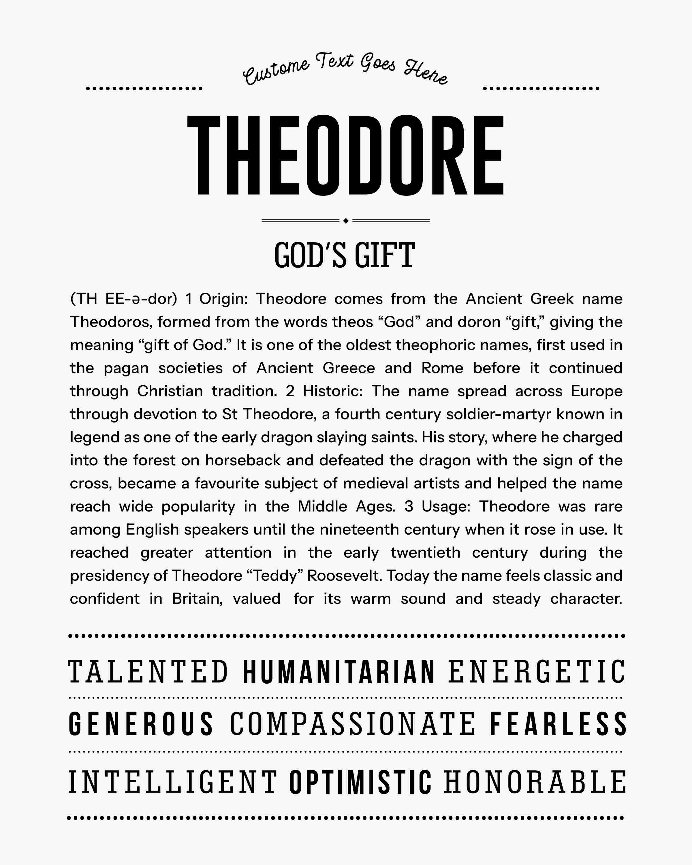 Theodore | Personalised Name Meaning Print – Custom Name Art Gift