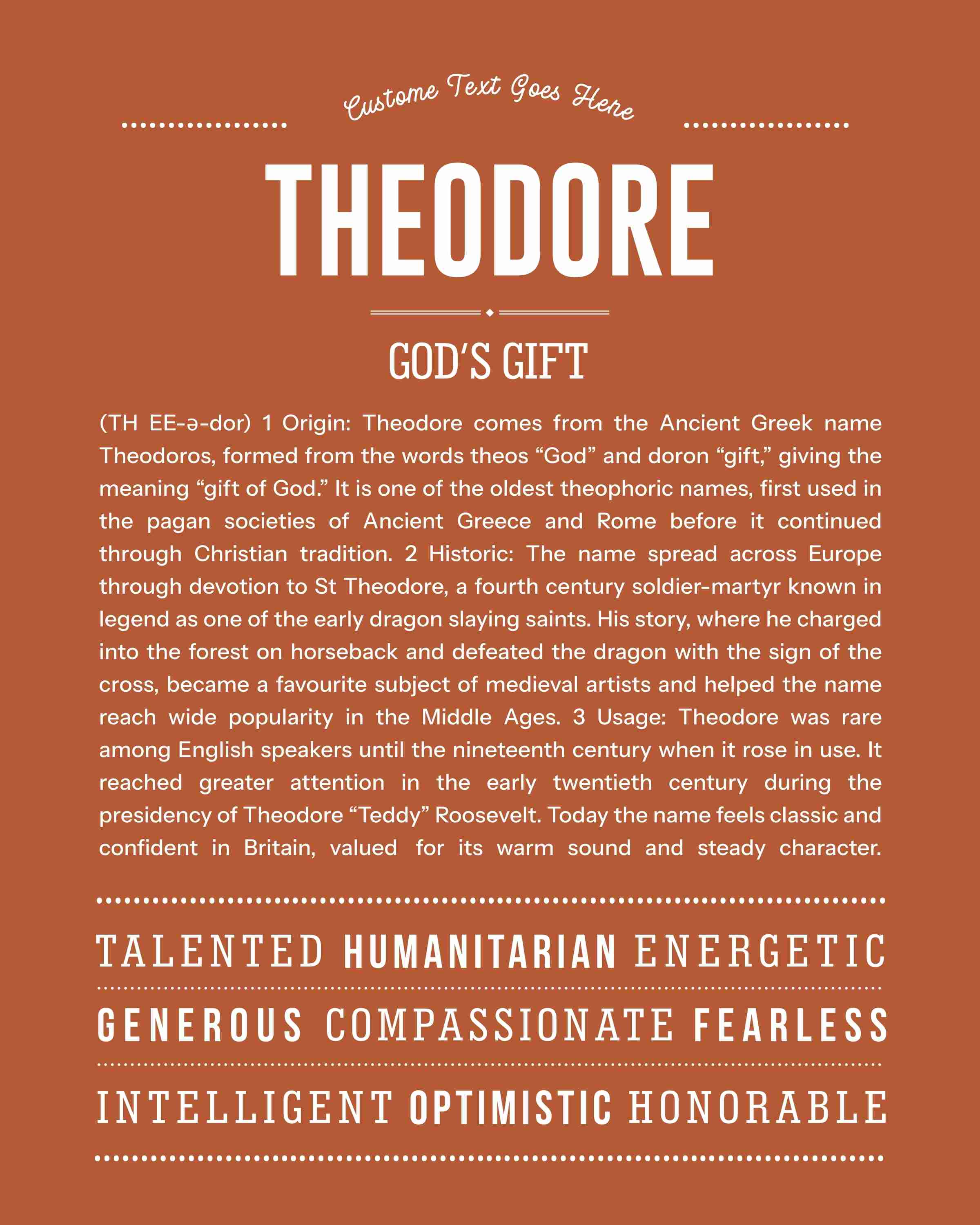 Theodore | Personalised Name Meaning Print – Custom Name Art Gift