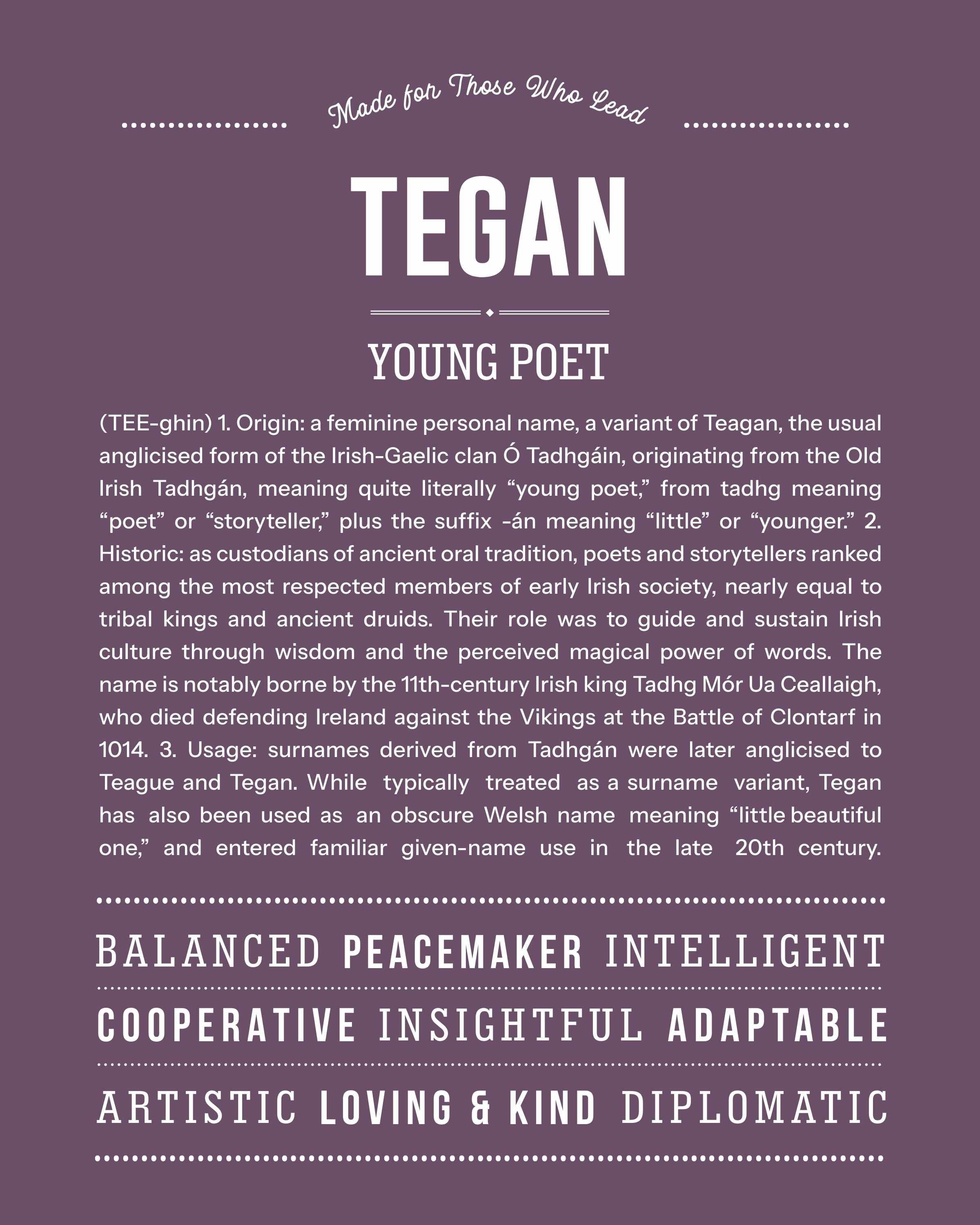 Tegan | Personalised Name Meaning Print – Custom Name Art Gift