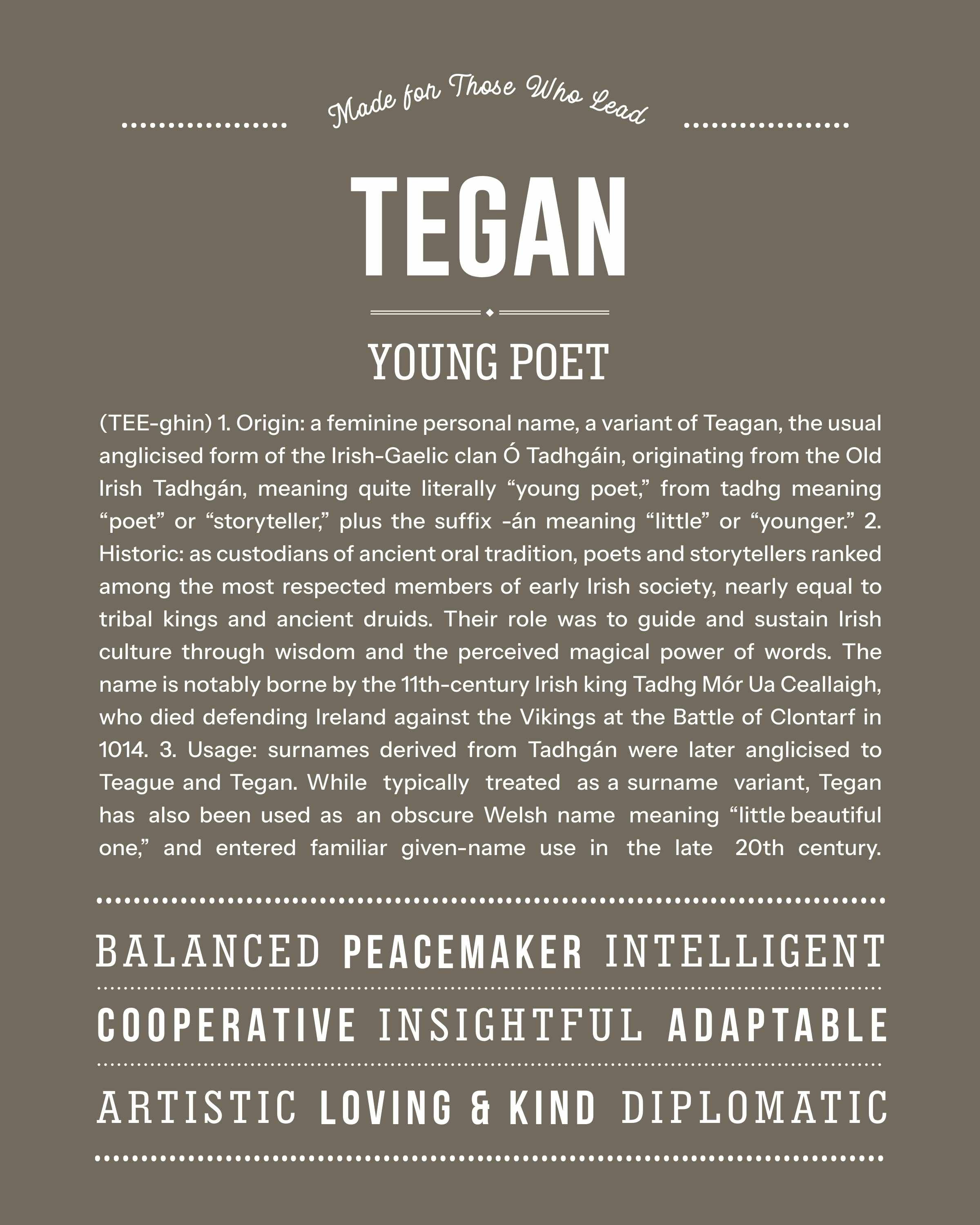 Tegan | Personalised Name Meaning Print – Custom Name Art Gift