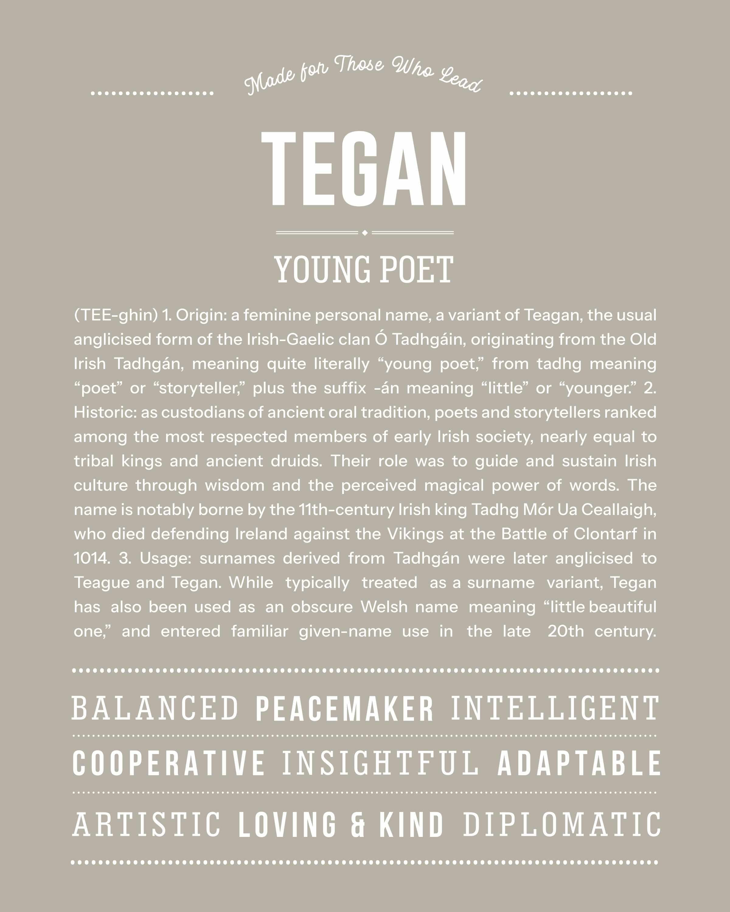 Tegan | Personalised Name Meaning Print – Custom Name Art Gift