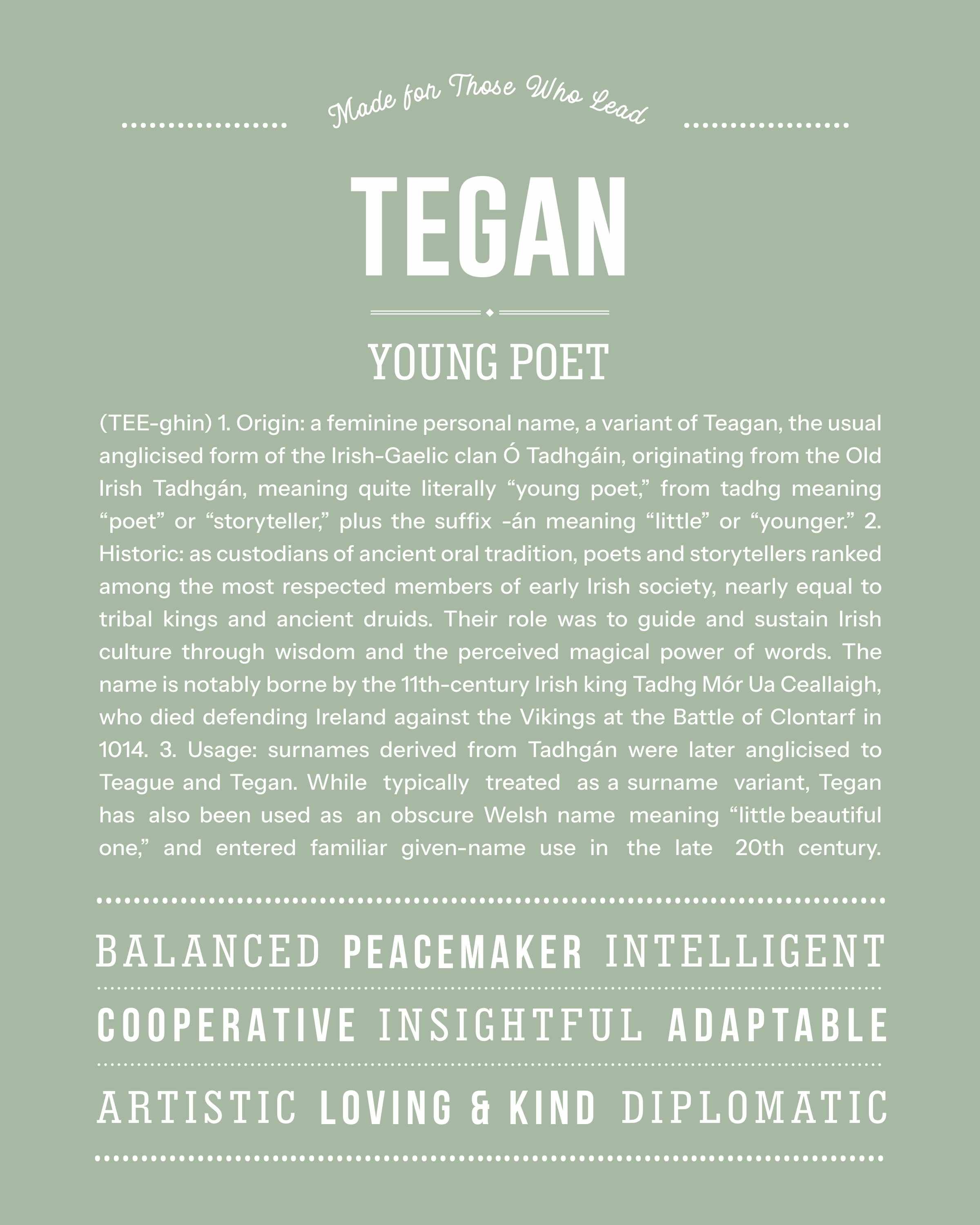 Tegan | Personalised Name Meaning Print – Custom Name Art Gift