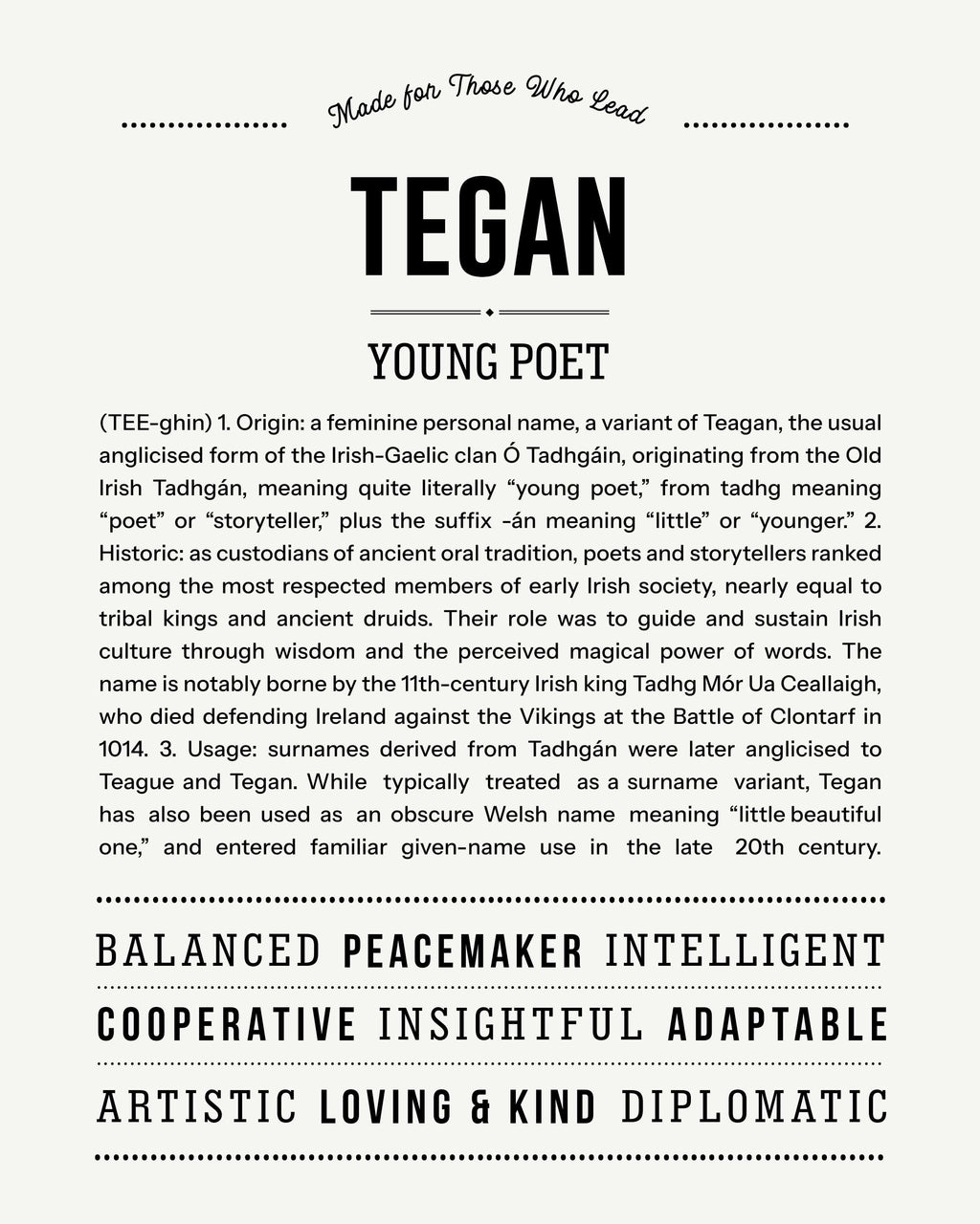 Tegan | Personalised Name Meaning Print – Custom Name Art Gift
