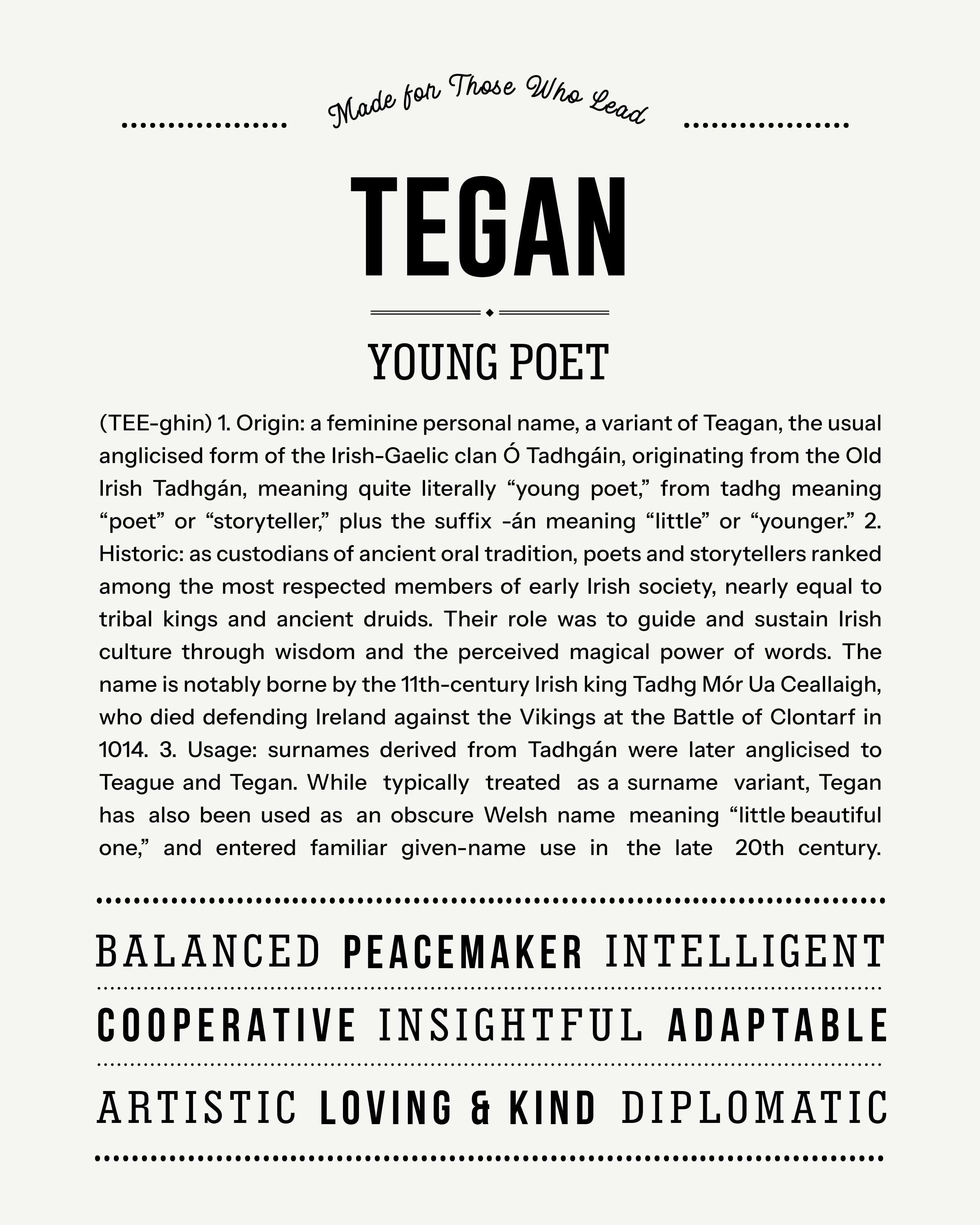 Tegan | Personalised Name Meaning Print – Custom Name Art Gift