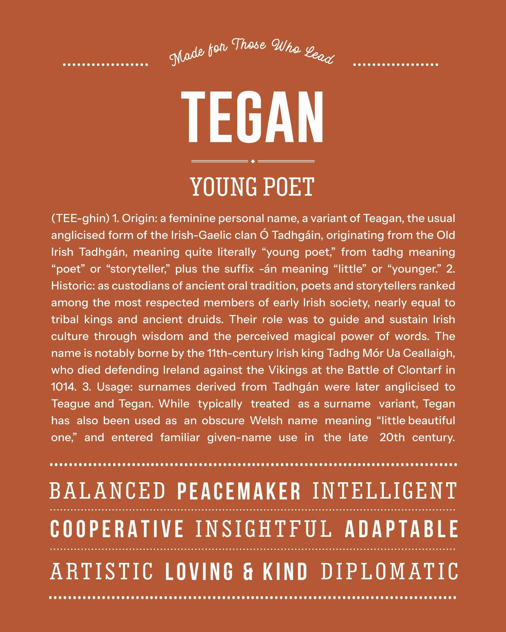 Tegan | Personalised Name Meaning Print – Custom Name Art Gift