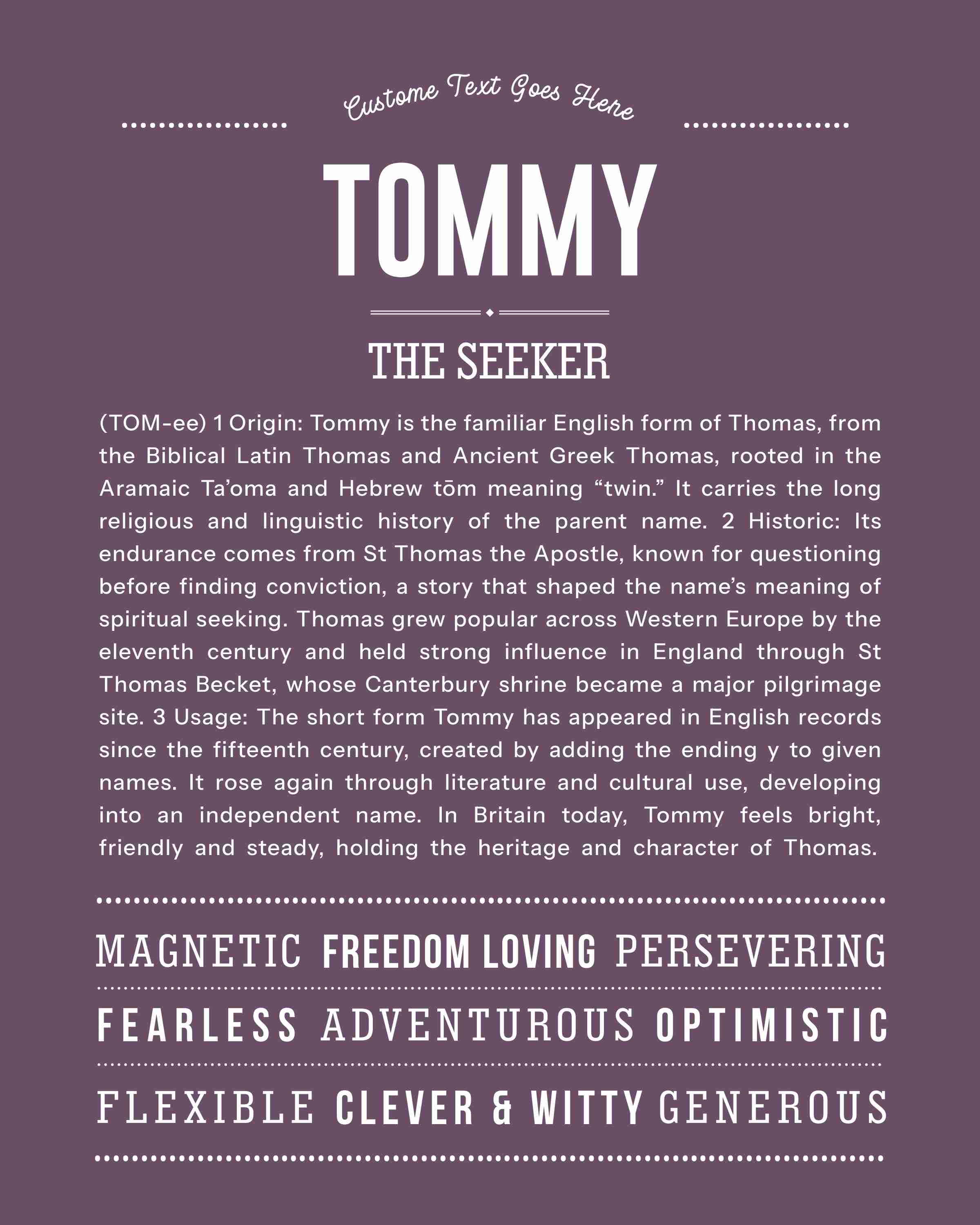 Tommy | Personalised Name Meaning Print – Custom Name Art Gift