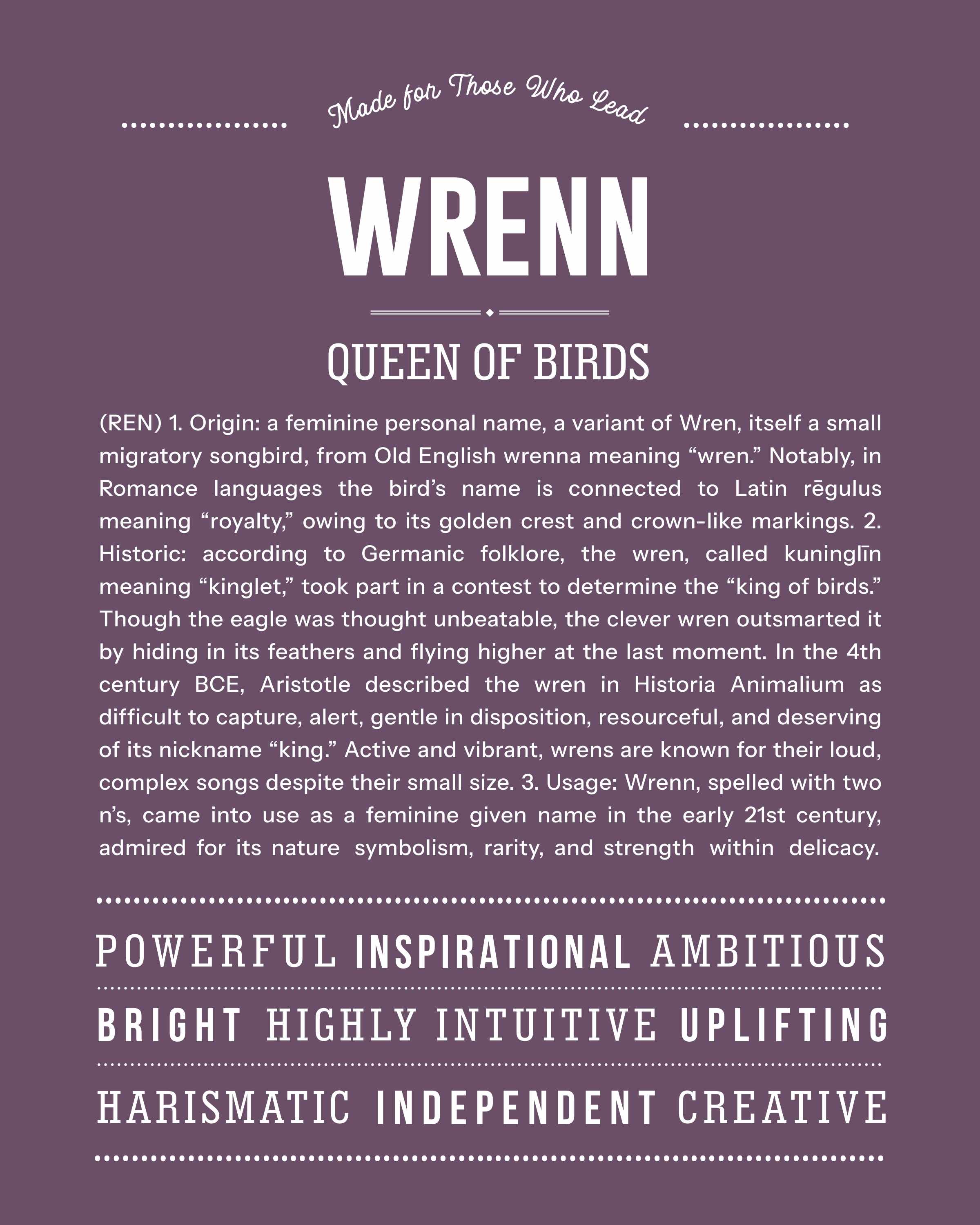 Wrenn | Personalised Name Meaning Print – Custom Name Art Gift