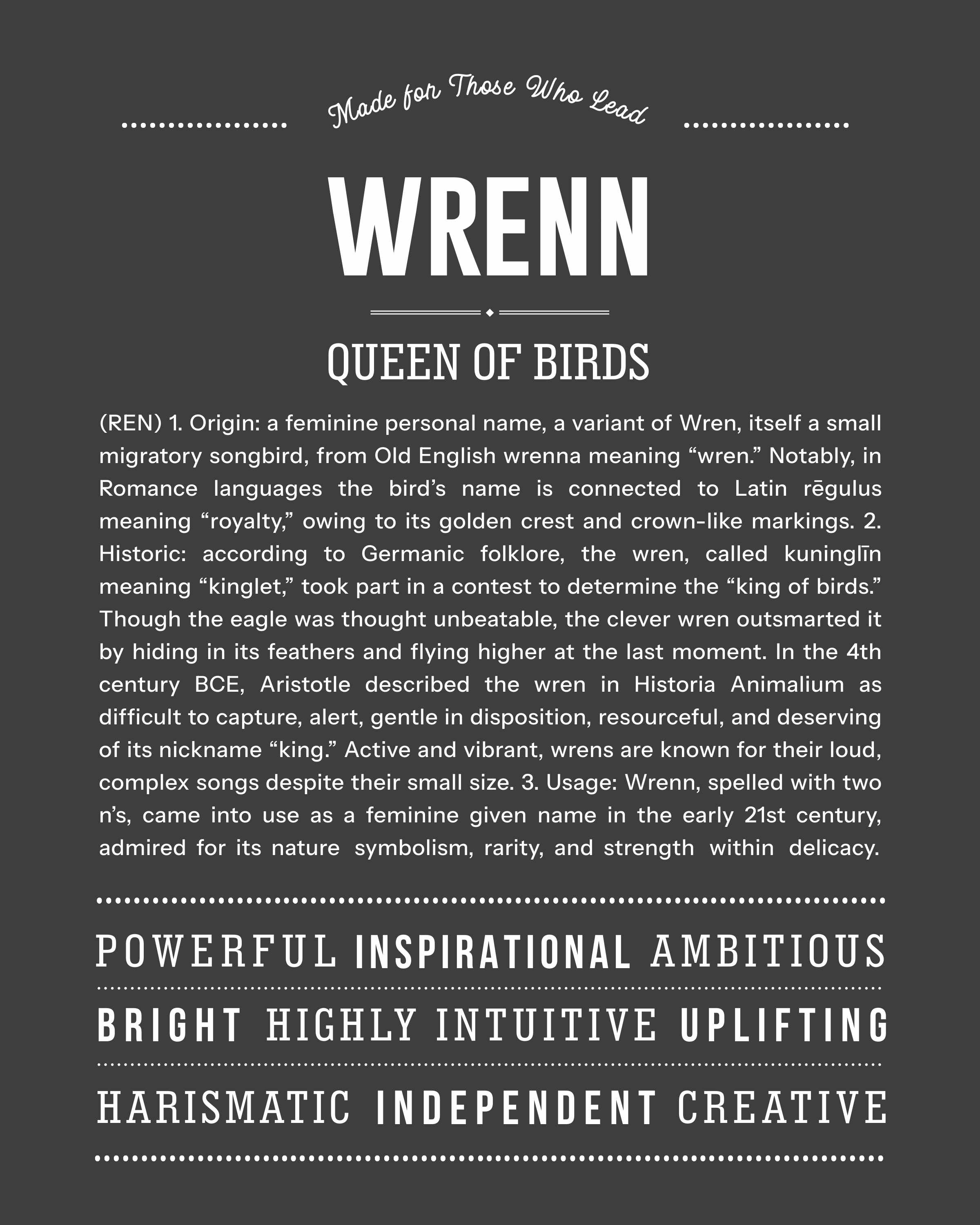 Wrenn | Personalised Name Meaning Print – Custom Name Art Gift