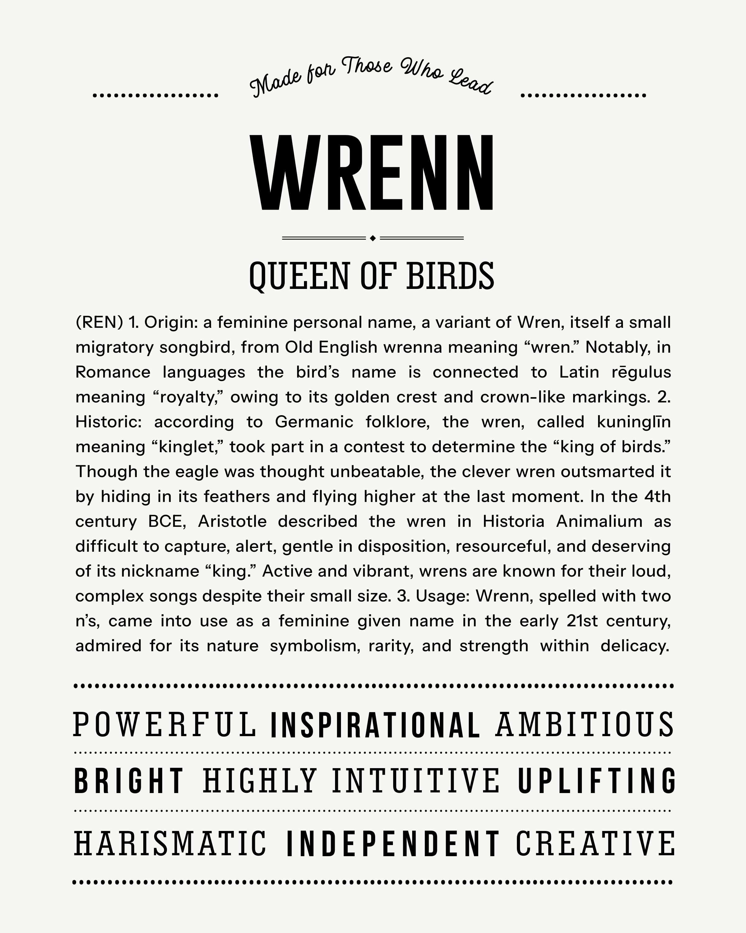 Wrenn | Personalised Name Meaning Print – Custom Name Art Gift