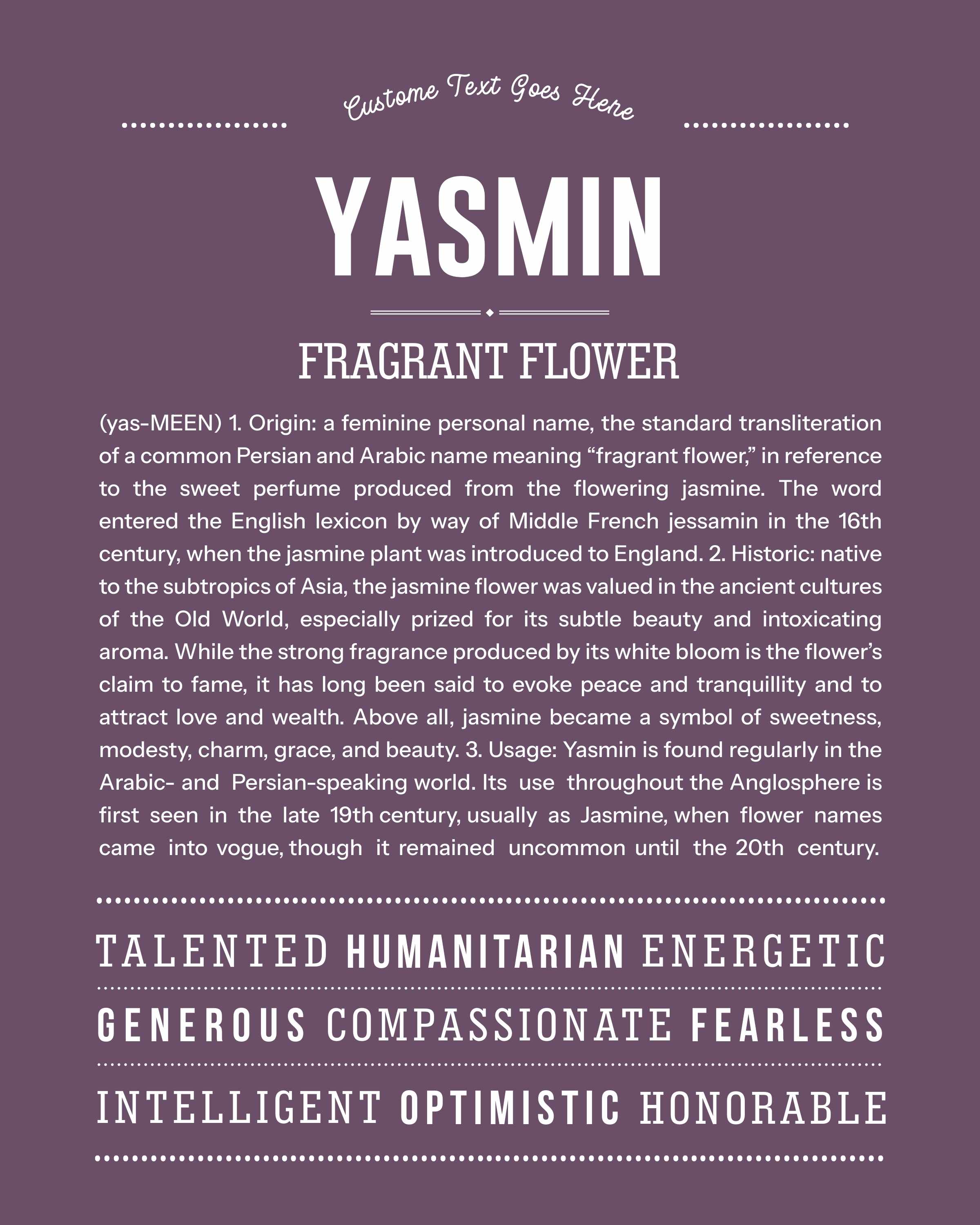 Yasmin | Personalised Name Meaning Print – Custom Name Art Gift