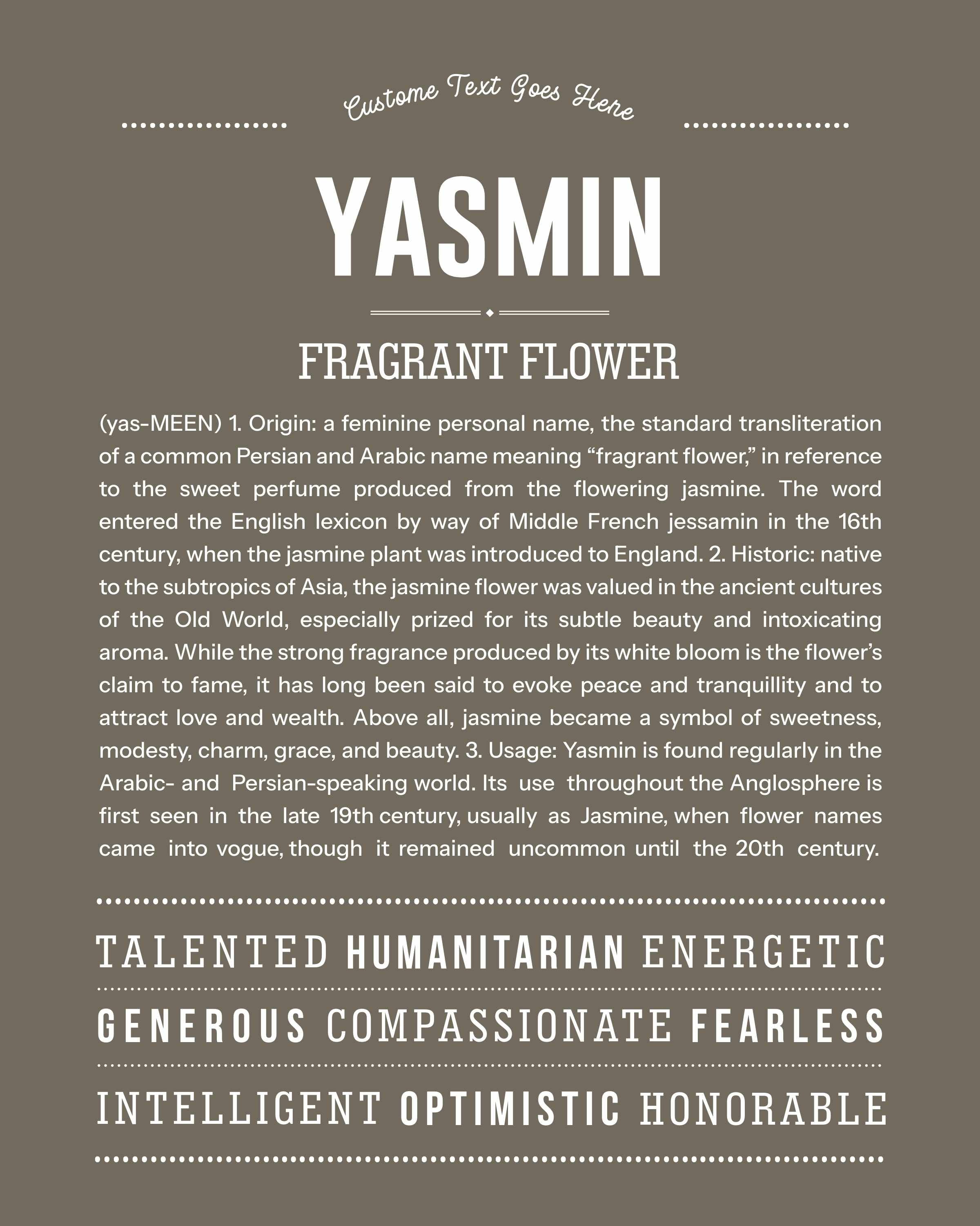Yasmin | Personalised Name Meaning Print – Custom Name Art Gift