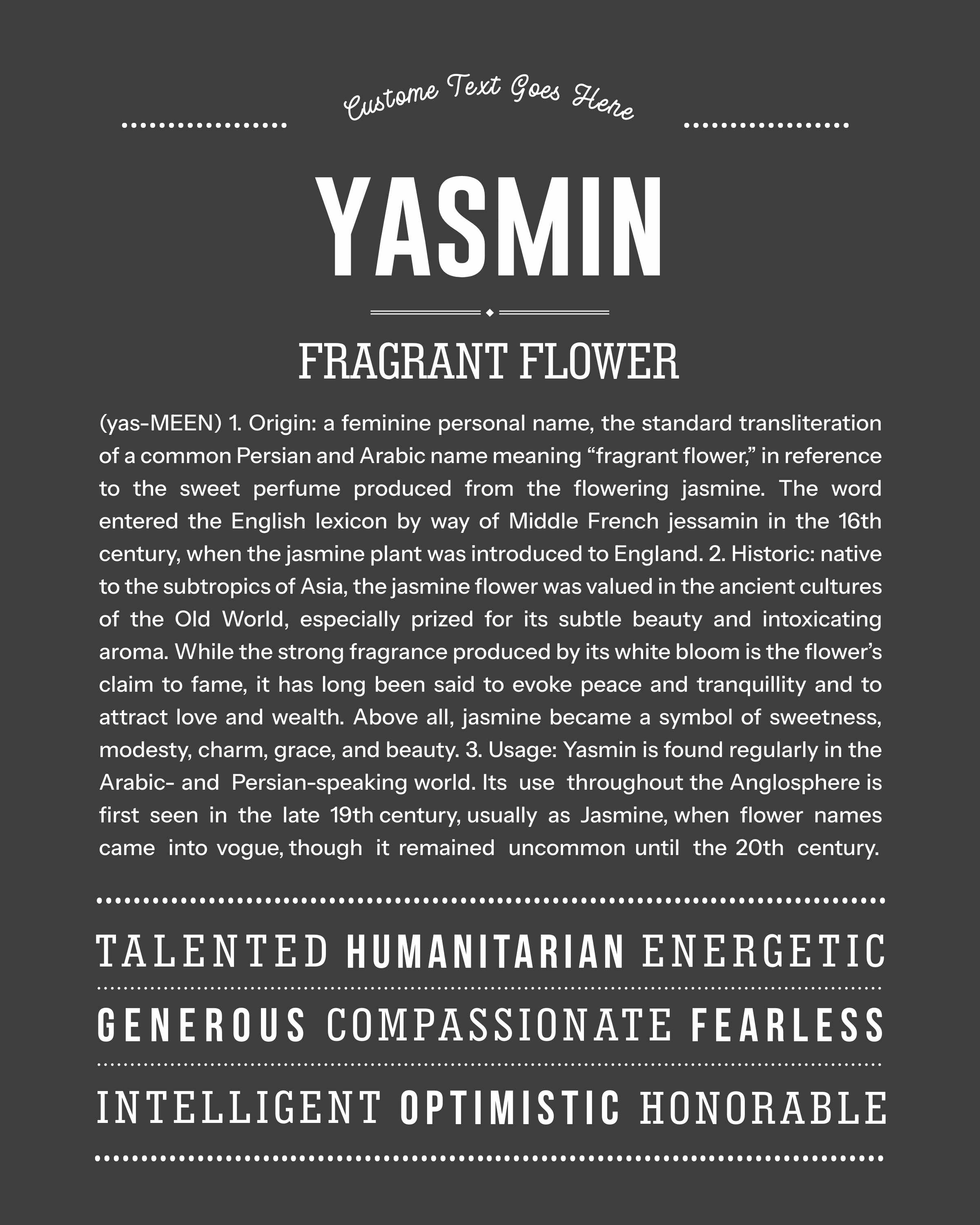 Yasmin | Personalised Name Meaning Print – Custom Name Art Gift
