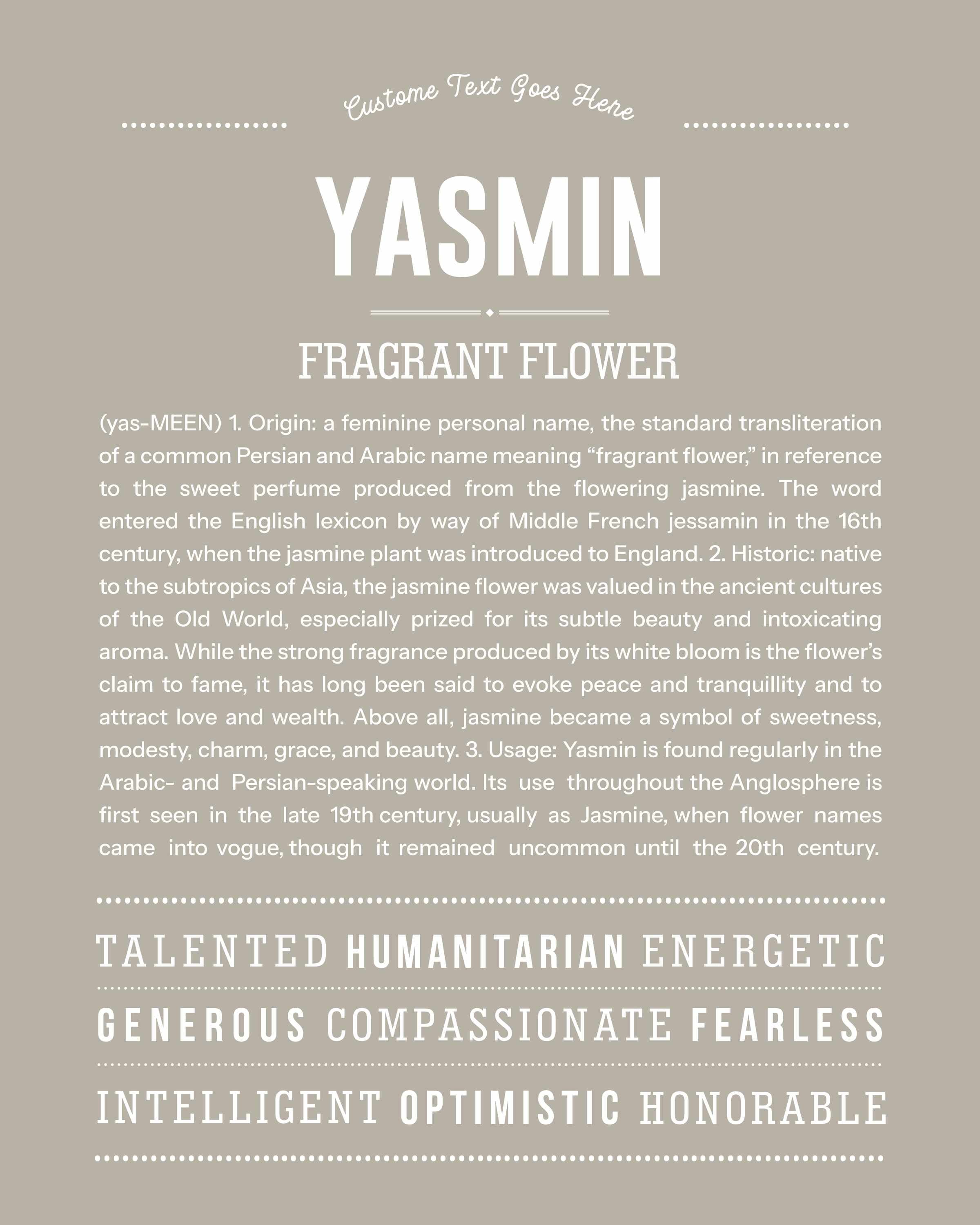 Yasmin | Personalised Name Meaning Print – Custom Name Art Gift