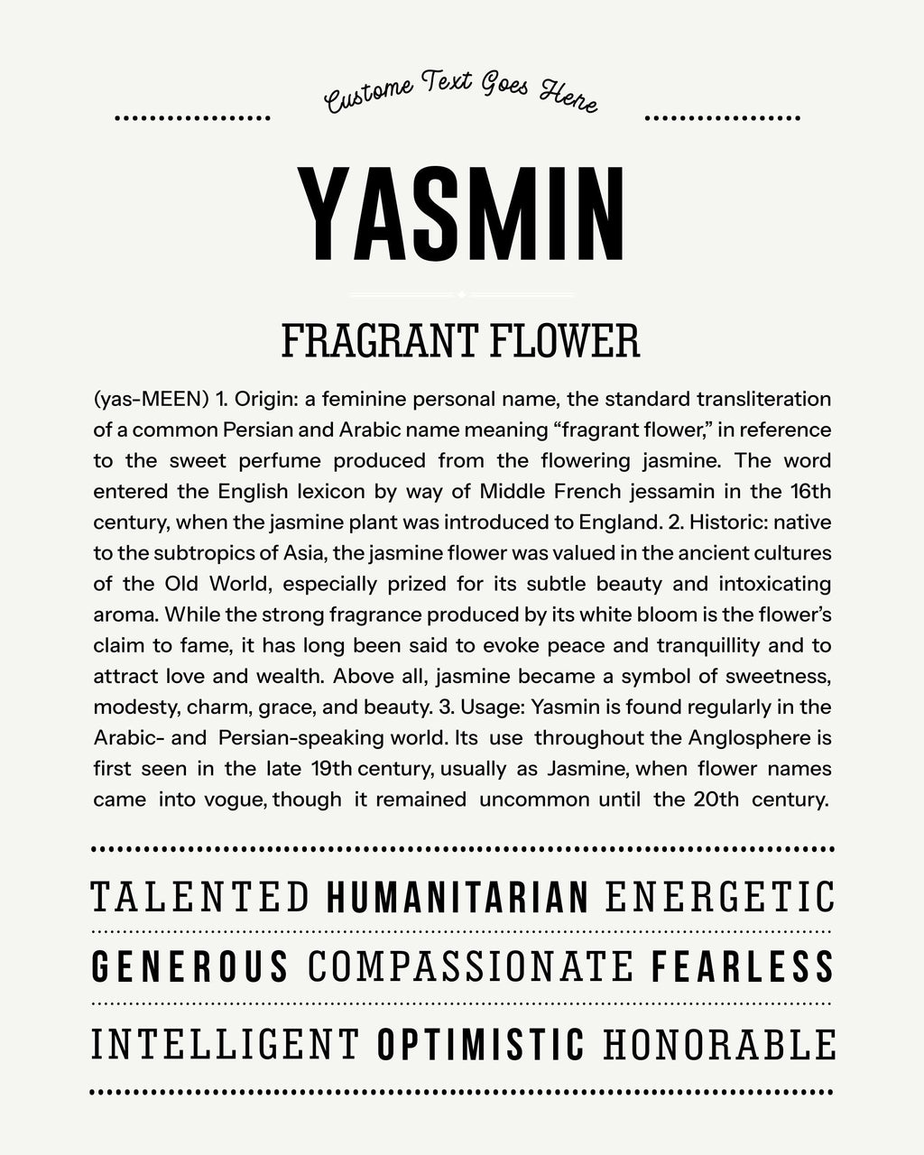 Yasmin | Personalised Name Meaning Print – Custom Name Art Gift