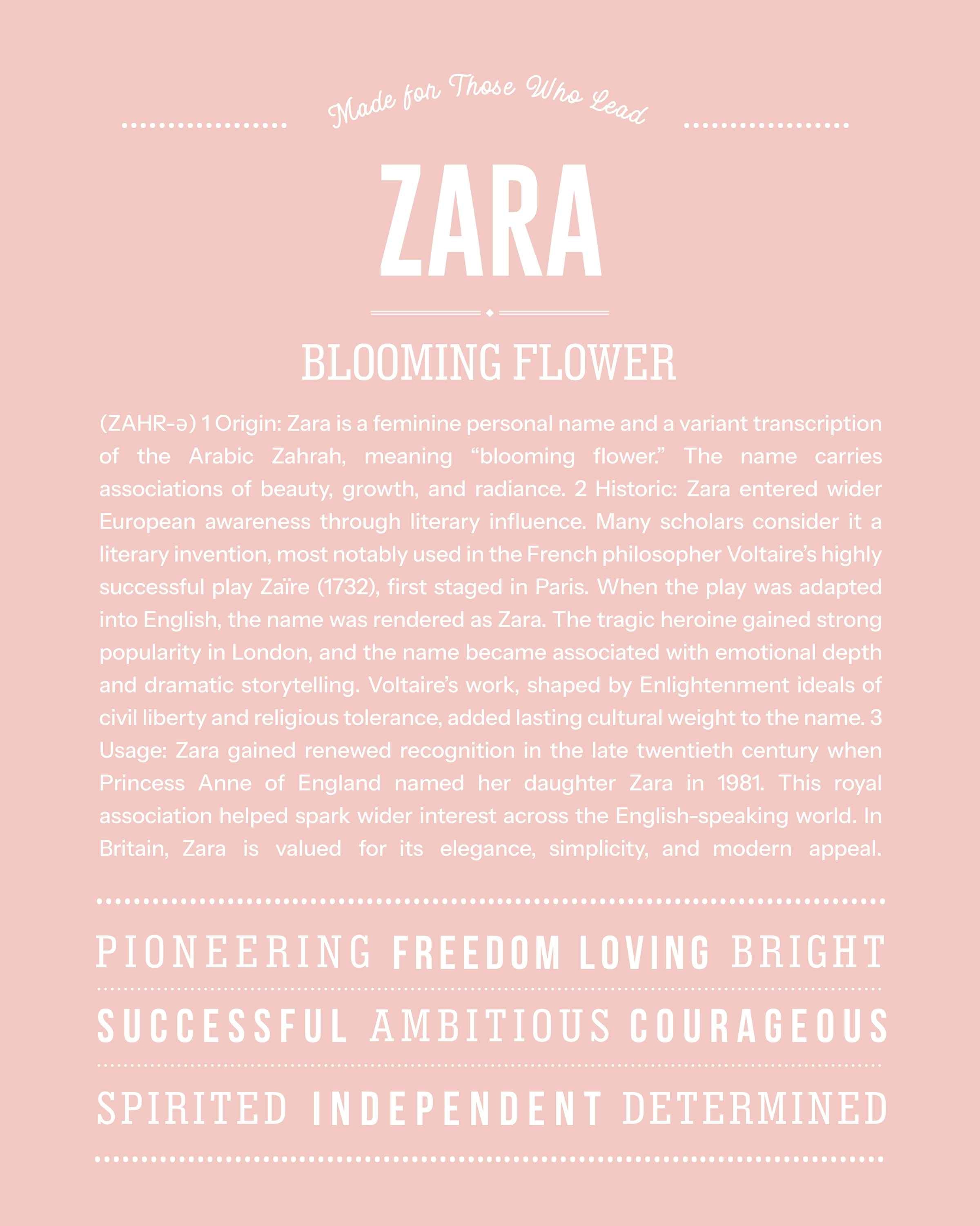 Zara | Personalised Name Meaning Print – Custom Name Art Gift