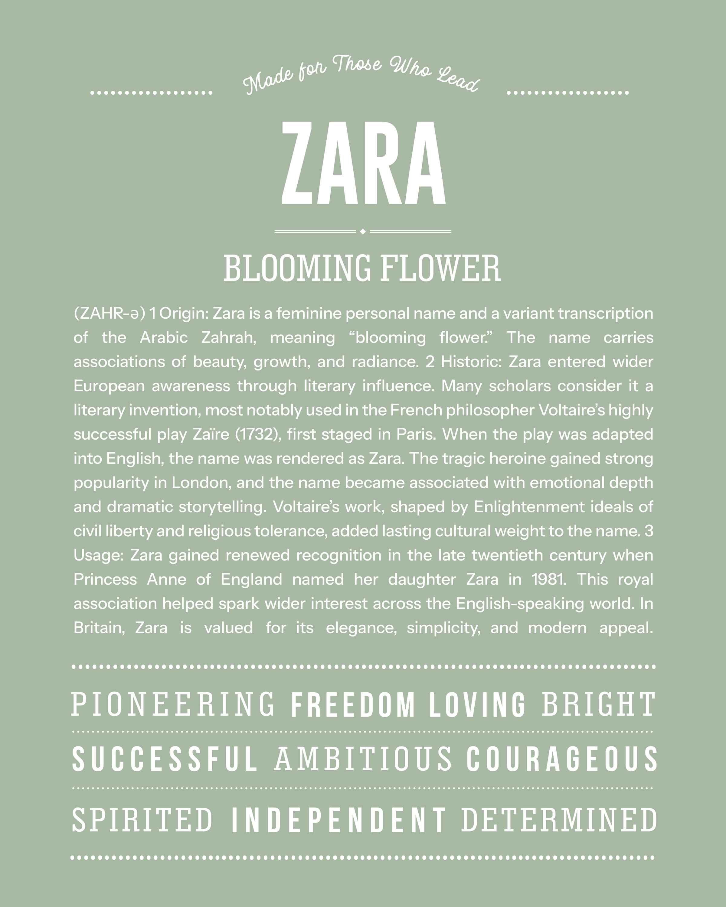 Zara | Personalised Name Meaning Print – Custom Name Art Gift